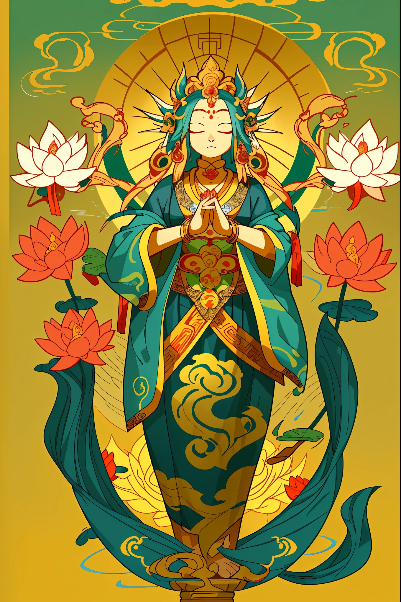 "contented female bodhisattva，guanyin of the southern seas，Serene expression，standing on a lotus，goddess of love and peace，attractive male deity，the non-binary deity of spring，goddess of nature"shui mo hua,Buddha,Buddhist,Lotus,Chinese painting style,Thangka style