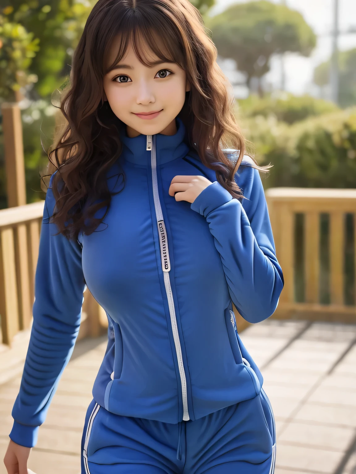 8K, highest quality, real image, intricate details, Super detailed, ultra high resolution, depth field,(realistic,realistic:1.2), (black eye), From the middle, 1 Japan girls, very beautiful girl, Big eyes, beautiful breasts:1.5、highly detailed eyes:1.2), (beautiful breasts:1.1), (small breasts:1.5), wavy hair、curly hair、bangs, perfect skin, Fair skin, huge hips, thick thighs, thick legs, cleavage, tight waist, light blush, alone, looking at the viewer, (smile:1.1), (blue tracksuit:1.5)