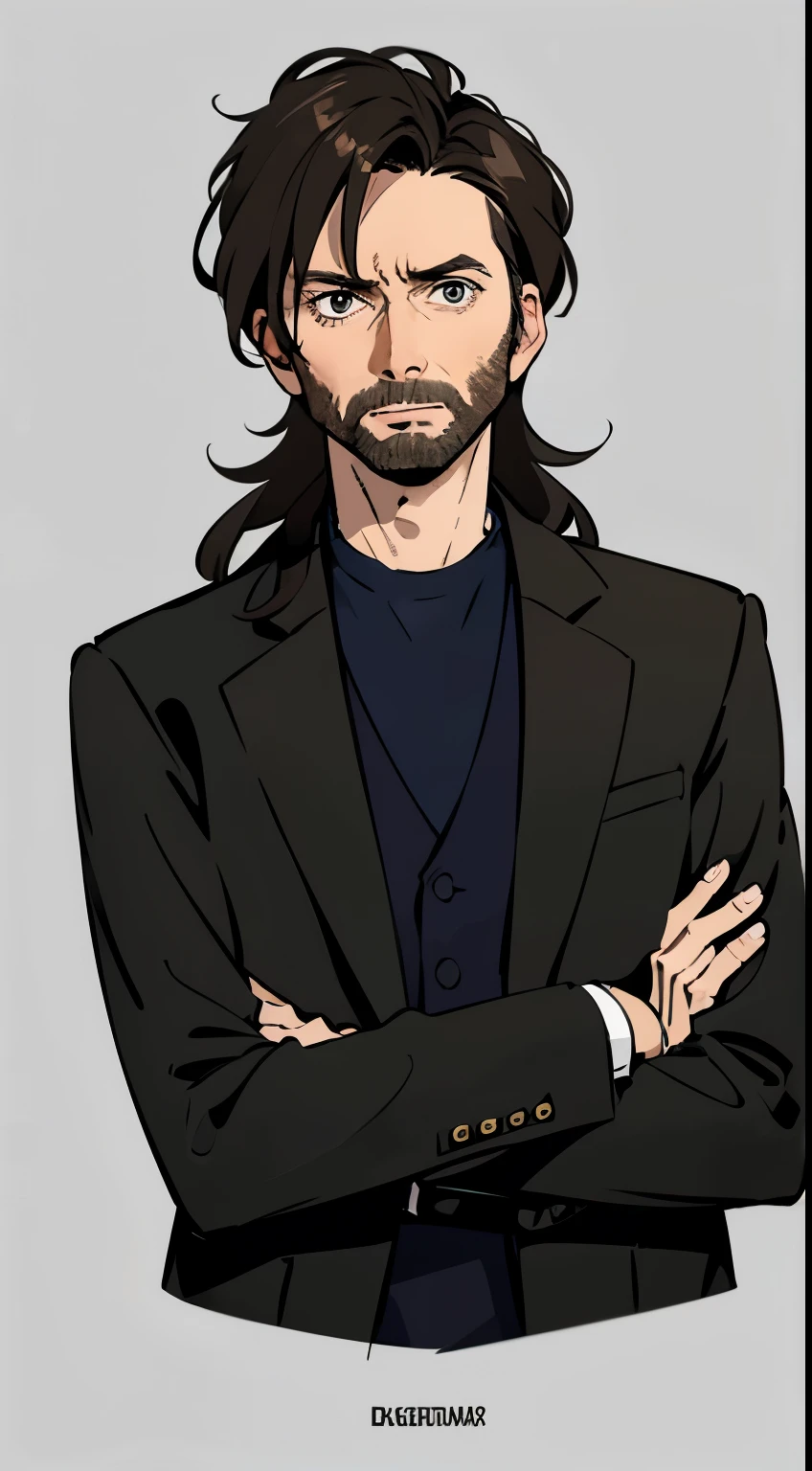 David Tennant with medium long black hair and 3-day beard, gray eyes. Black clothing with a doctor's coat. Simple background.