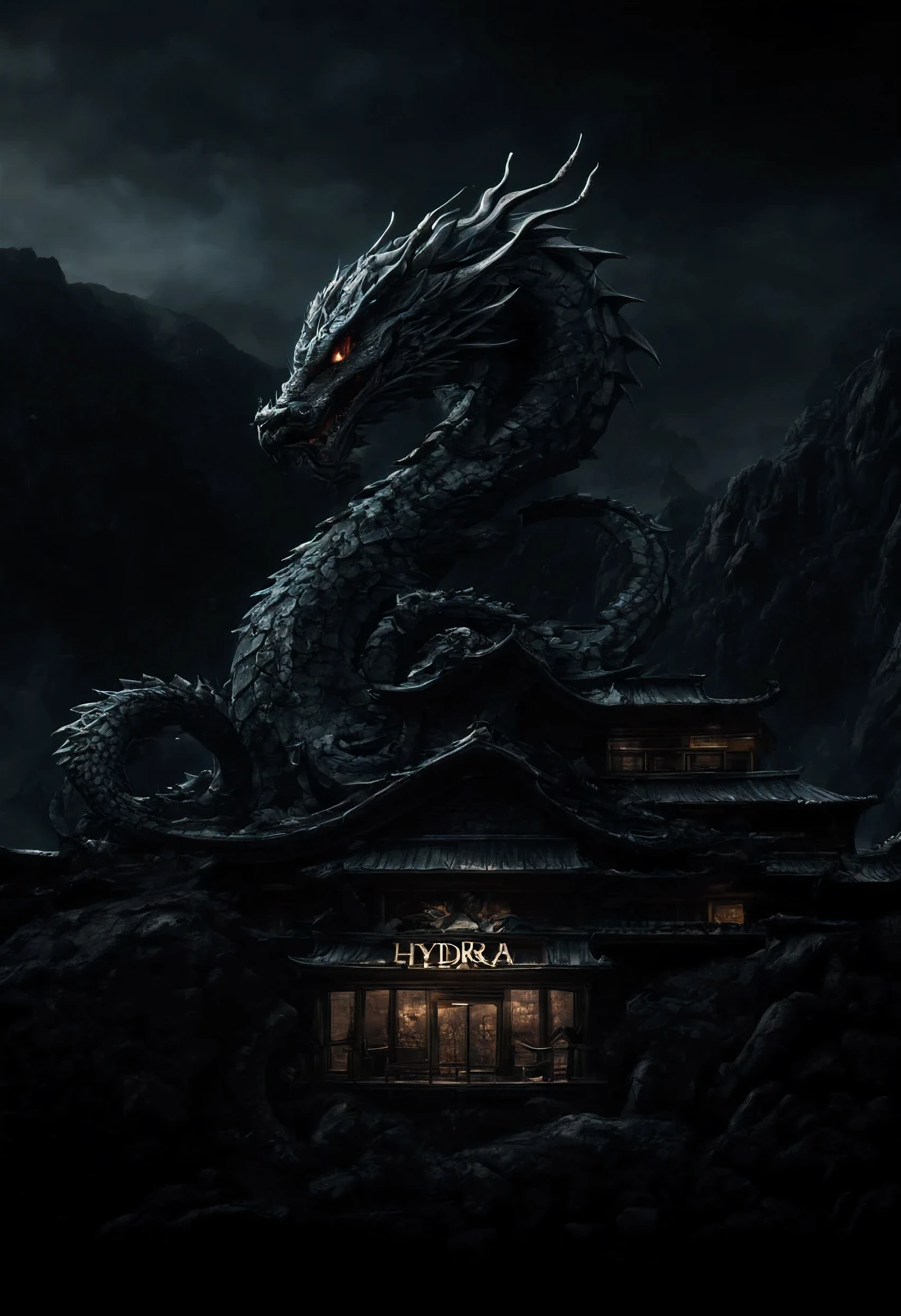 A building named hydra with a dragon logo alone in the dark surrounded by mountain, super detail, high details, 4K