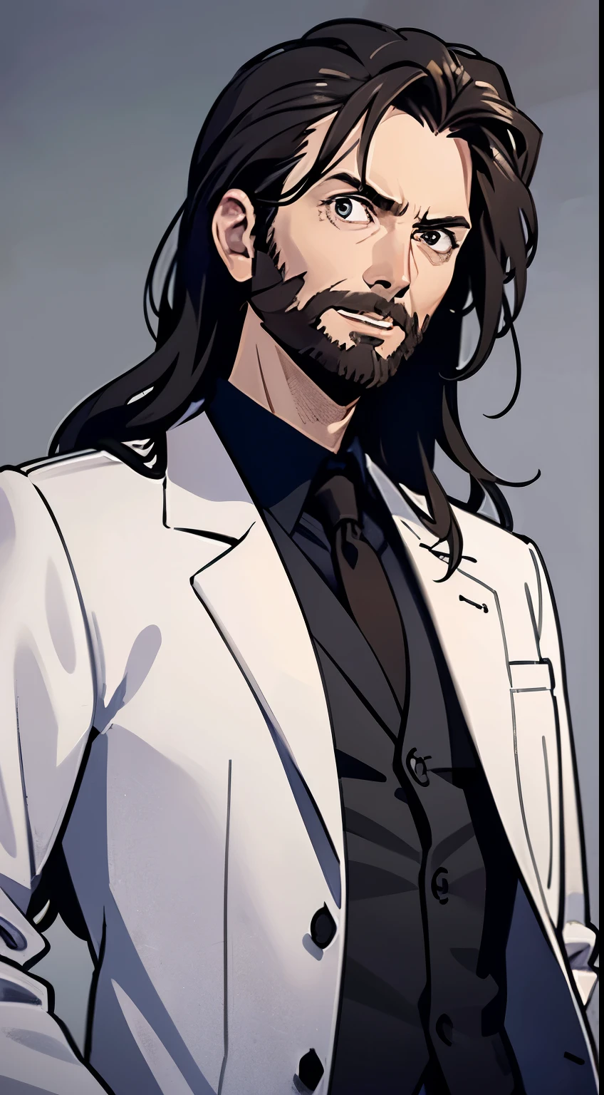 David Tennant with medium long black hair and 3-day beard, gray eyes. Black clothing with a doctor's coat.  Simple background.