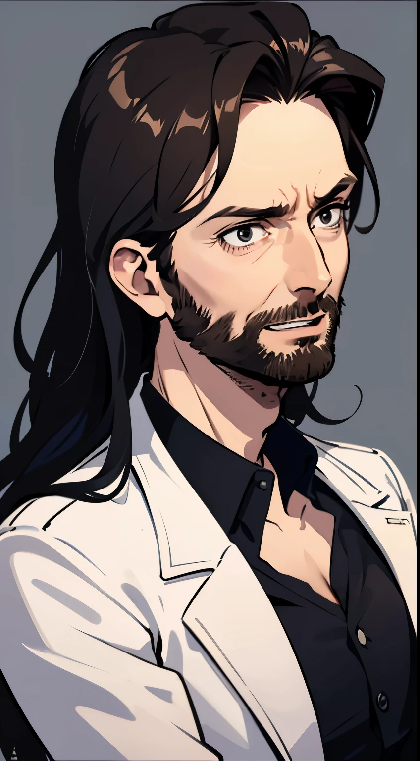 David Tennant with medium long black hair and 3-day beard, gray eyes. Black clothing with a doctor's coat. Simple background.