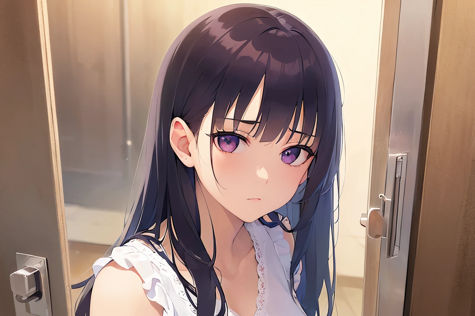 looking side, POV、Realistic, real person, RAW photo, photorealistic, portrait photography, shiny skin, japanese idol、(A 20-year-old woman with black bangs and purple eyes.) and (blunt bangs) and (straight midium hair), (wearing a white frilly blouse:1.5)、 displeased look, 背景は高級ホテルのラウンジ、Alone、Are standing
