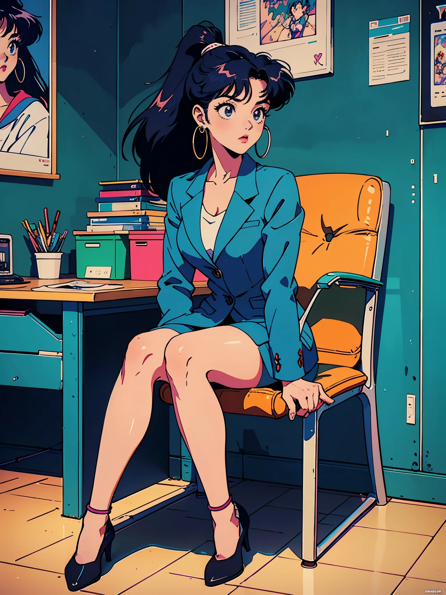 hand between legs, (((wide wide shot))), (((full body))), from side, ((inside office)), ((sitting in chair)), 1woman, blue eye, dark geen hair, ((long hair, ponytail)), (((wearing a suit, hoop earrings))), (masutepiece:1.5, Best Quality:1.5), ((Vaporwave Style, partially coloring)), (((vanilla))), retro anime, 1990s anime, 1980s anime, retro anime style, masterpiece, best quality, beautiful anime, (ultra-detailed background, detailed background), high resolution, super detailed, Lo-Fi Illustration, anime art wallpaper 4k, anime art wallpaper 4k,