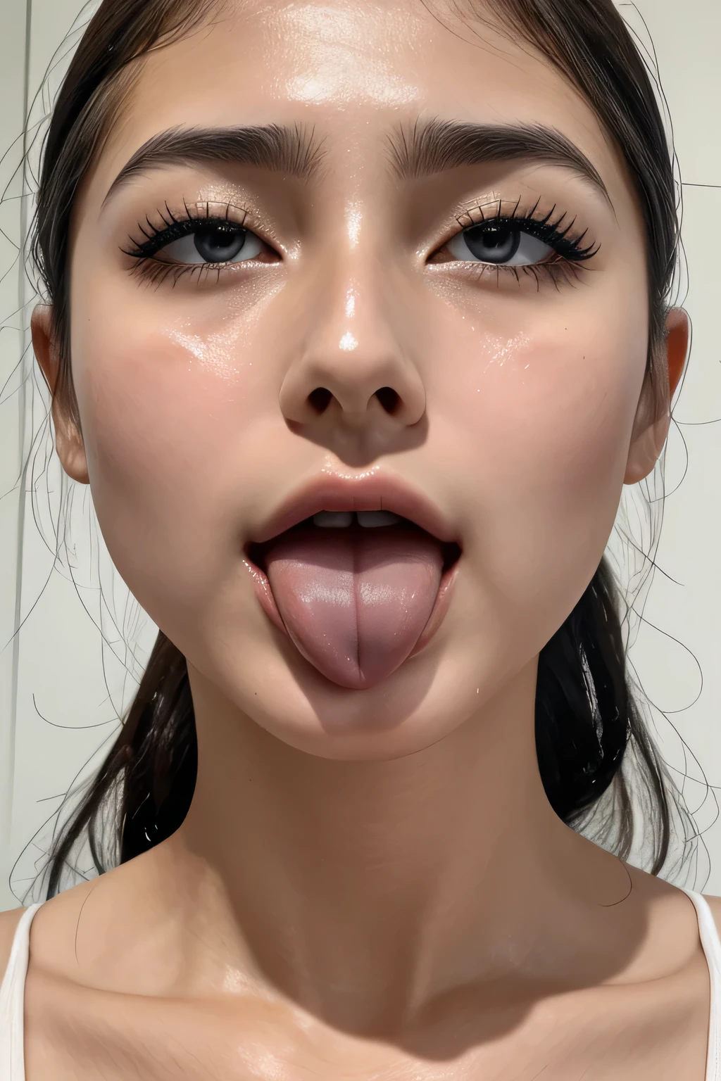 masutepiece,,award - winning photo, Extremely detailed, sharp focus on eyes, Nose and Mouth,Face Focus, Woman with mouth open and eyes closed, Black camisole、35 year old,A dark-haired、Symmetrical face,Realistic nostrils、Angle from below、elongated C-shaped nostrils,,,,,,,,,,,,,,,,,,,,,,,,,,,,,,,,,,,NSFW,White background、Sweaty skin、Lighting that emphasizes skin glowing with sweat、((Hook Nose))Skin shiny with sweat、shinny skin、hair wet with sweat、ball-gag、Sunlight、