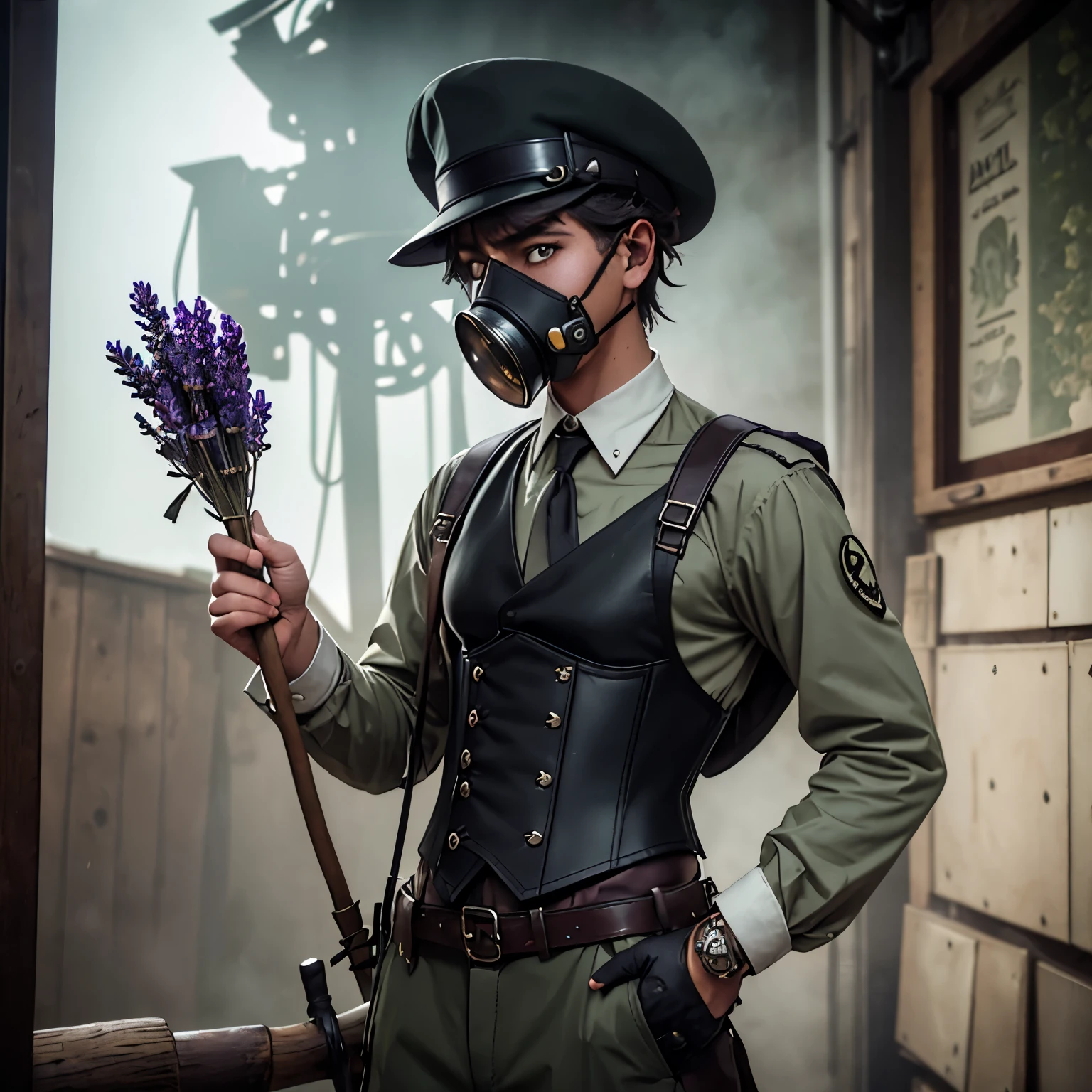 A 19 year old goat guy in brown cargo pants, a white button up shirt, a black corset, a black tophat with a lavender ribbon tied around it, and holding a staff with a cow skull ornament. He has steam punk type goggles resting on the brim of his tophat and is wearing a green and grey, half-face gas mask.