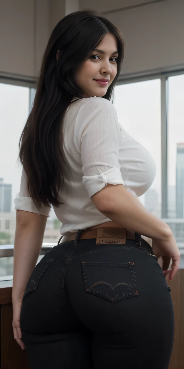 masterpiece, best quality, ultra realistic, hyper-detailed, 32k resolution, RAW photo, intricate details, sharp focus, (1girl), beauty, solo, gorgeous face, perfect body, mature female, 30 years old, portrait, realistic, long black hair, tight white shirt, Puffy nipple, Tight jeans pants, huge breast, cute smile face, (Butt sticking out pose), (turned around), sexy hips, Red high heels, cityscape, sexy pose, Sexy lace panties, Photos showing the whole body, beauty face, cowboy shot, cinematic, cinematic light.