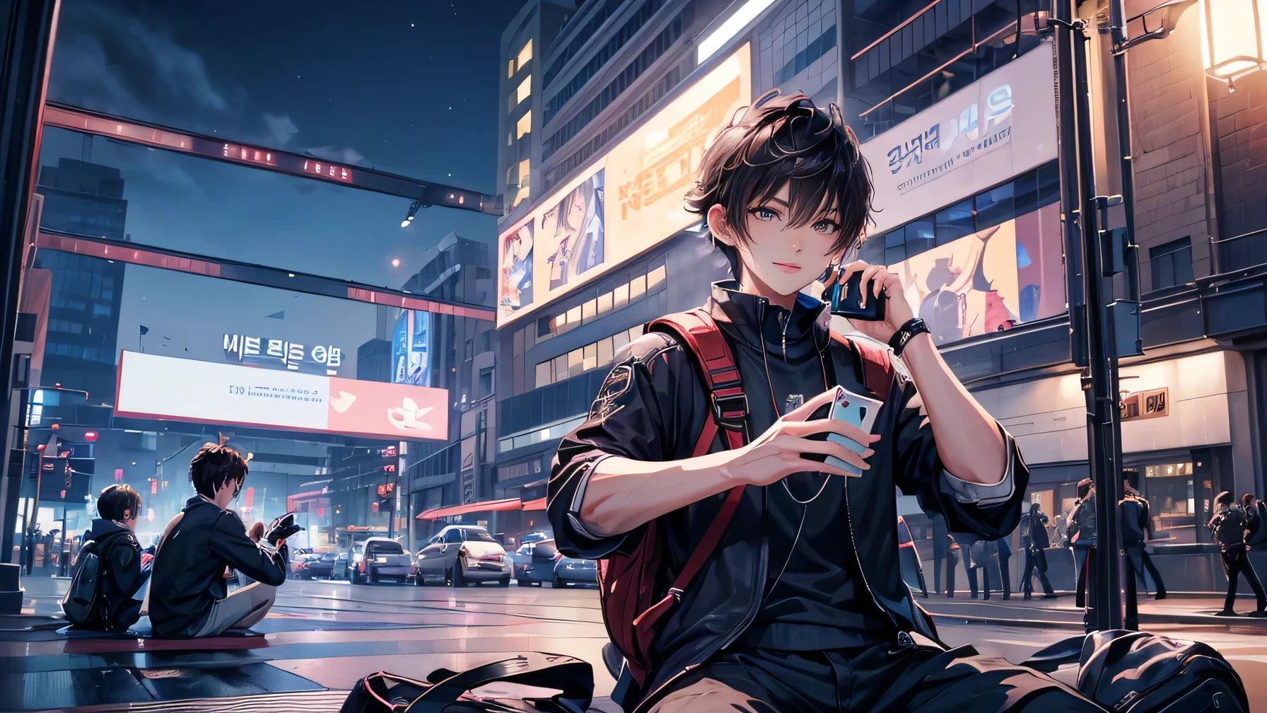 ((4K works))、masterpiece、（highest quality)、((High level image quality))、((One Manly Boy))、because I&#39;thin、((attractive and sexy fashion))、((Men's Fashion))、((holding backpack and iPhone in hand))、(detailed beautiful eyes)、In the night city of NY、Face similar to Chaewon in Ruseraphim、((Short hair over the ears))、((face becomes smaller))、((neutral face))、((light brown eyes))、((Korean boy))、((18-year-old))、((a handsome guy))、((Teeth and smile expression))、((korean makeup))、((long and sharp eyes))、((photo of a model))、((Like a celebrity))、professional photos、((shot alone))、((縁石に座ってListening to music through headphones))、((He sits in front of the viewer))、((Shot diagonally up from the front))、((Hold your iPhone in your hands、Look at your iPhone screen))、Listening to music through headphones