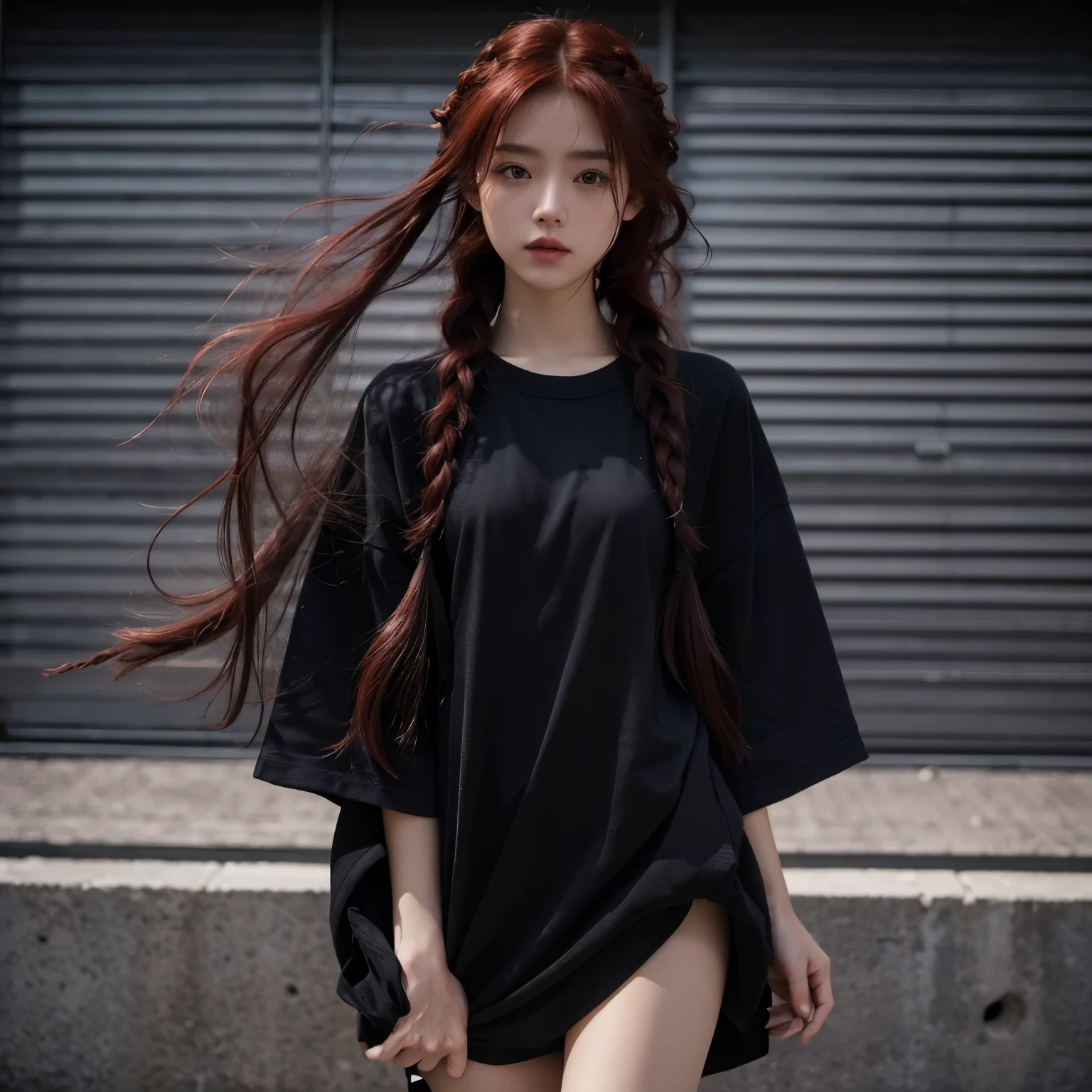 18 years old full body shoot, hyper realistic photo,(((braid red hair))), stand model pose, black eyes, teen goth japanese girl, black hair moving by winds, (8K, High resolution,ultra-quality, An ultra-high picture quality, Ultra realistic, Best Quality, master piece:1.2), (teenage girl japan), big breast, nipple see thru clothes, (((skirt lift by myself))), (lifted by self), little upskirt naturally by winds tease her cute pink panties,, blush, wearing very long oversize black t-shirt, very shorts black hotpants, net stockings white nike sneakers, eyes visible through hair, Proper eye position, Cinematic Light, Soft light,lower back, detailed color graded background, Convoluted, highly detailed,8K, Overall silhouette, night scene, gig stage concert environtment, high detailed, wallpaper quality, good anatomy, correct body, hand & fingers anatomy (lora:add_detail:0.8)