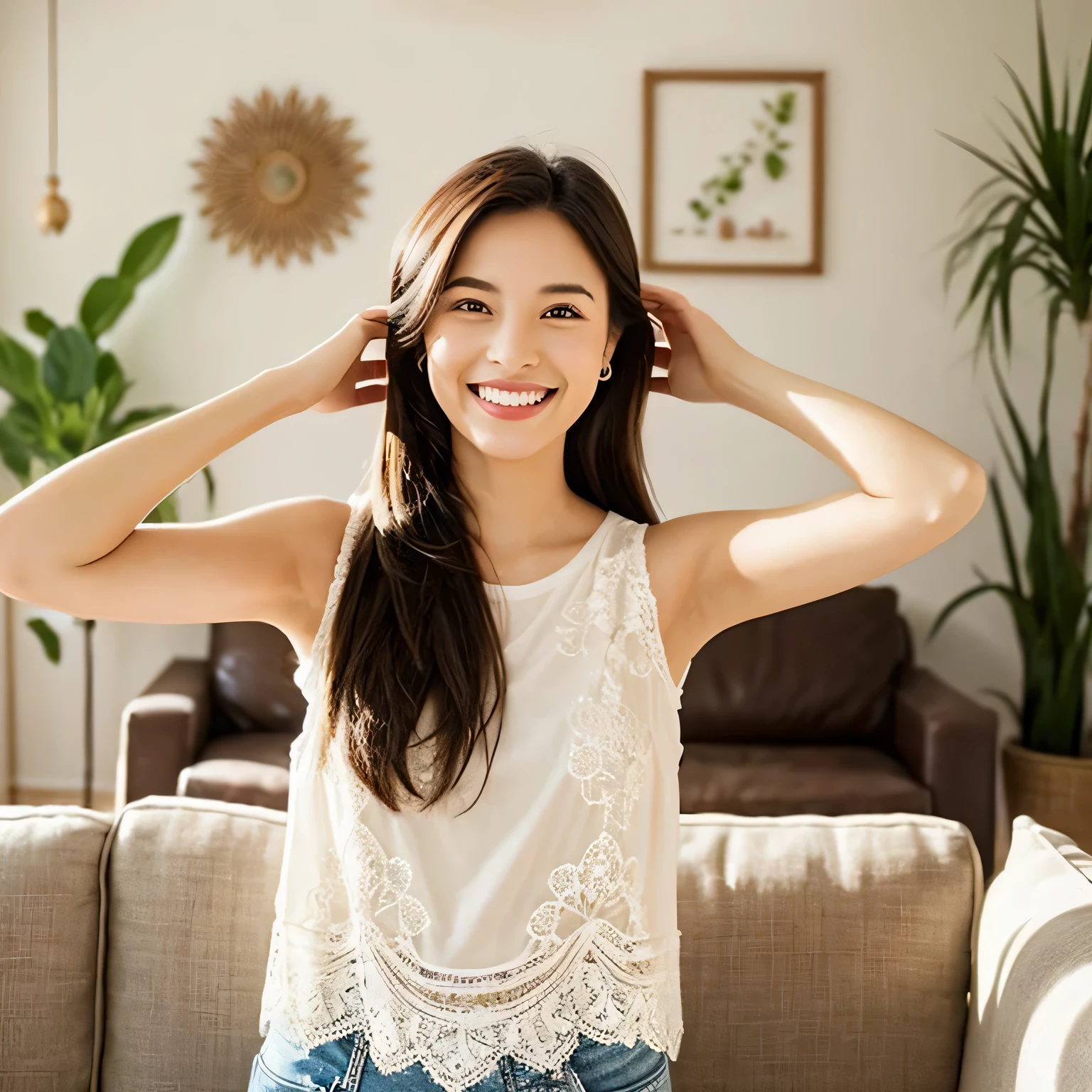 
In the image, There is a cheerful young woman with shoulder-length black hair.. she is wearing white clothes, Sleeveless tops with delicate patterns such as lace and embroidery. she is touching her hair with her right hand, It looks like he&#39;s adjusting the hair behind his ears., It adds a playful and casual dynamic to her pose.。. her smile is wide and bright, express joy and peace of mind. The room behind her is bright and airy., It has blurry decorations such as wall plants and sofas., Create a comfortable and homely atmosphere. Natural light coming in from the left side of the frame envelops her in a soft atmosphere.。, attractive shine, highlight her friendly attitude.