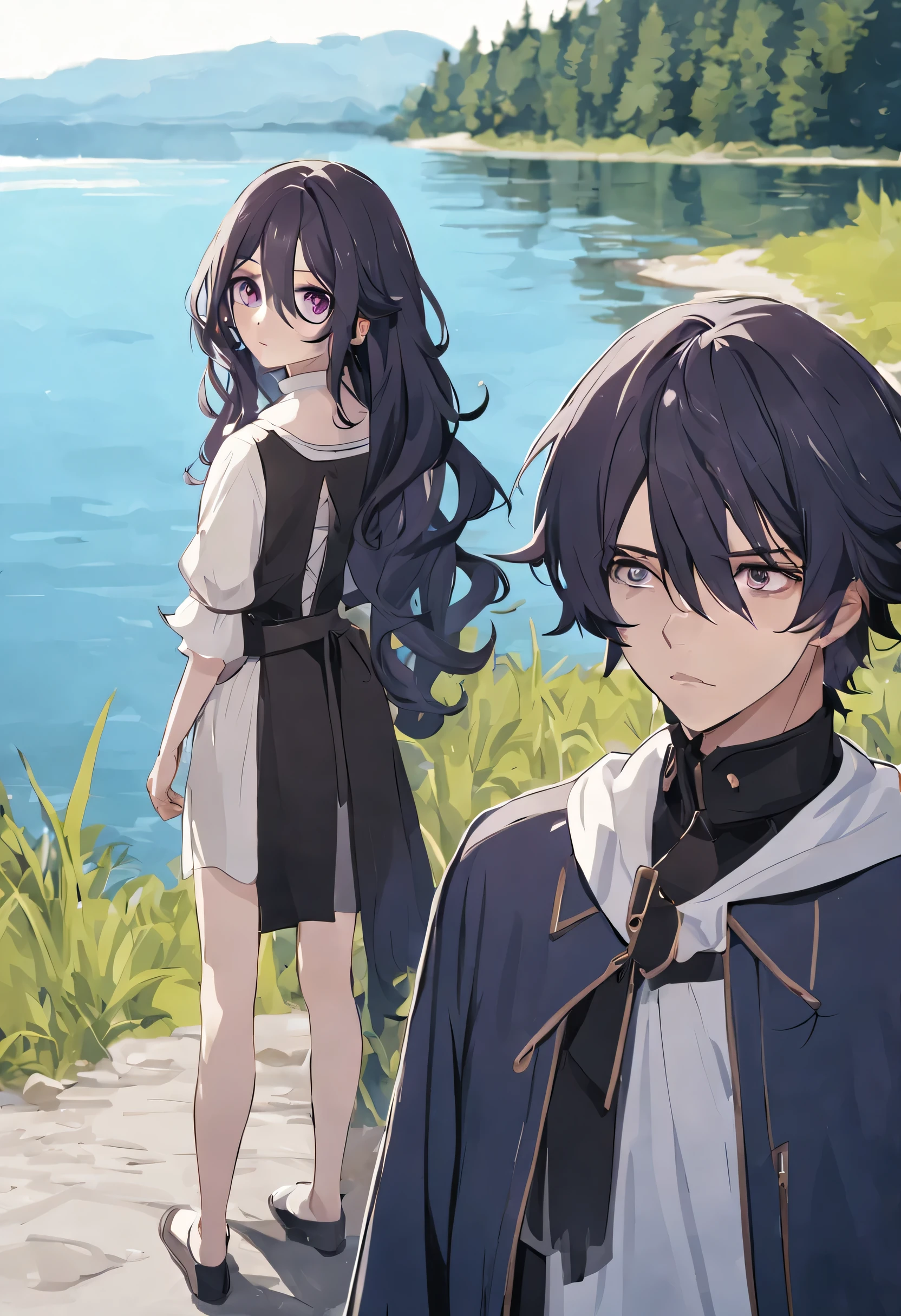 girl standing by the lake, looks at the guy unhappy, The girl has black wavy hair, The girl has purple eyes, the guy has dark blue hair, purple eyes with black eye rims