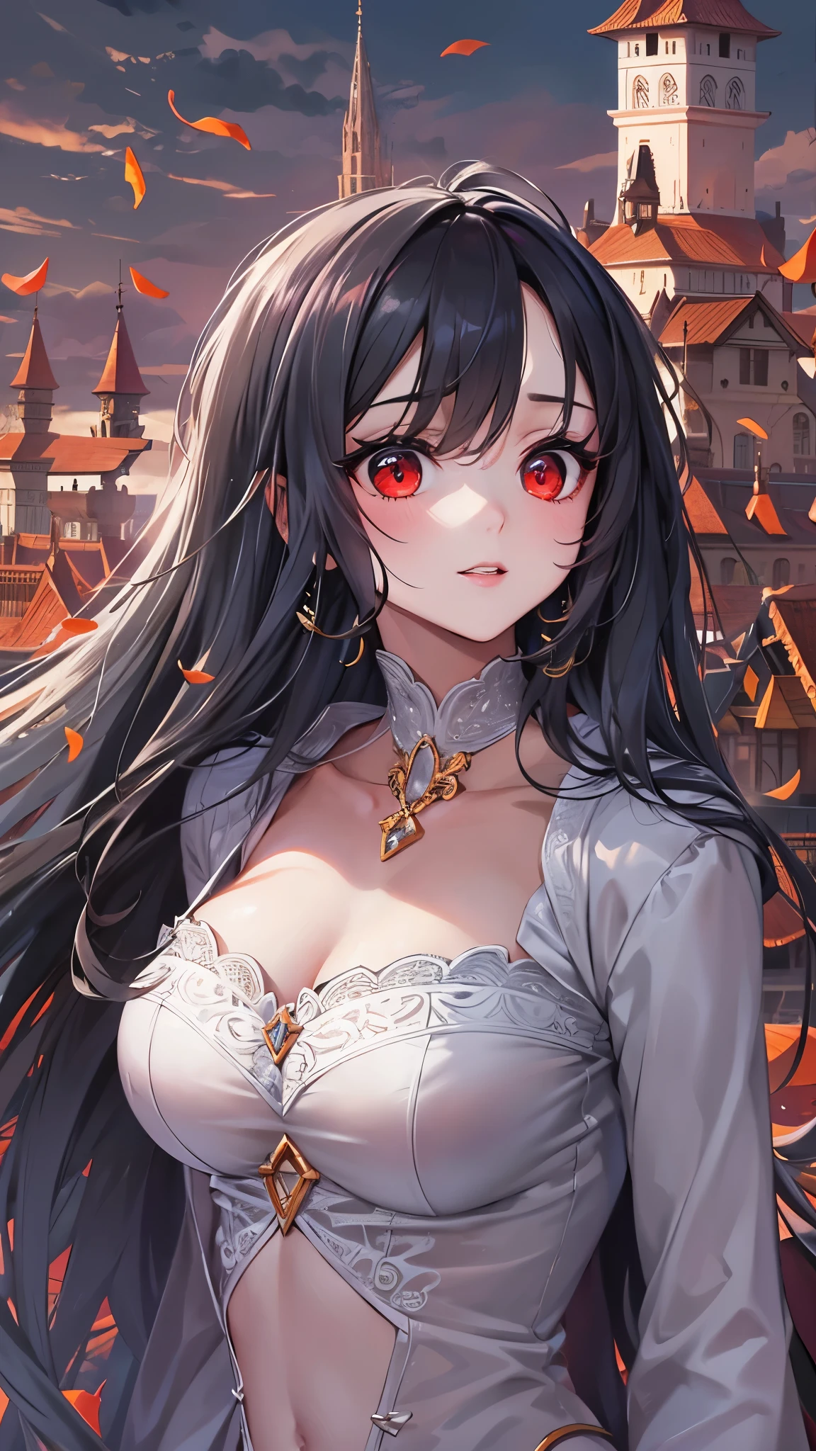 perfect anatomy, masterpiece:1.2, best quality, 8k, beautiful detailed grow, daydreaming expression, profile (solo straight black hair long hair beauty femdom girl, , bigboobs, detailed red eyes, ((shout to the sky)), in the castle rooftop.