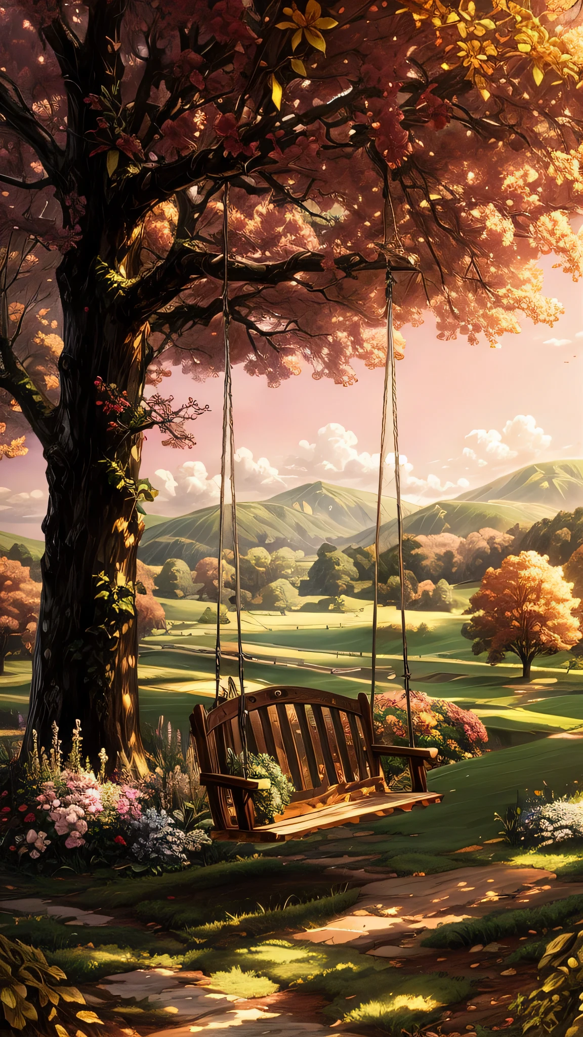 Picture of a swing hanging from a tree in a field, landscape artwork, ( thomas kinkade ), landscape artの詳細, Peaceful scene, Rob McNaughton, whimsical fantasy landscape art, Detailed Landscape - Width 672, summer afternoon, Rudd and Thomas Kinkade, peaceful scenery, Pasture, landscape art, thomas kinkade, John Park, relaxing concept art