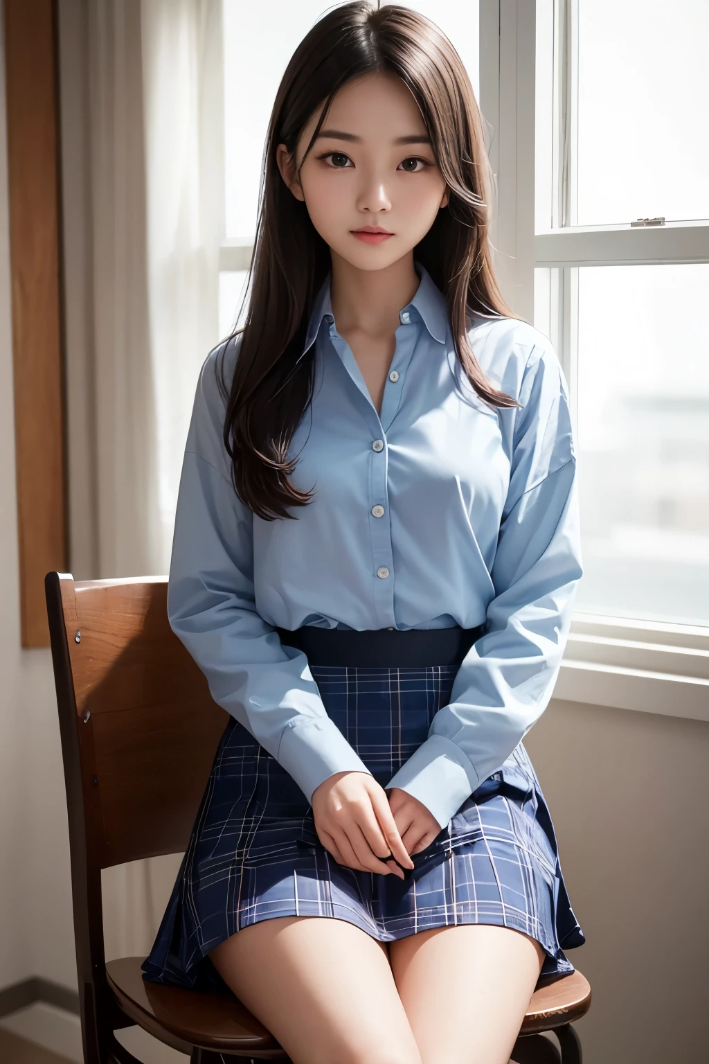 A Chinese college student -- graceful and beautiful, with a captivating face and expressive eyes (1.2) -- sits in an old, worn classroom chair in her school uniform (1.1). The uniform consists of a light-blue blouse and a plaid skirt, which perfectly accentuates her slender figure. Her long, dark hair falls in soft waves around her shoulders, framing her radiant face. The room is dimly lit, casting long shadows that highlight her delicate features. With a subtle smile playing on her lips (0.8), she looks deep in thought, her hands resting gently on her knees. The background is slightly blurred, drawing more attention to her. The image is crisp