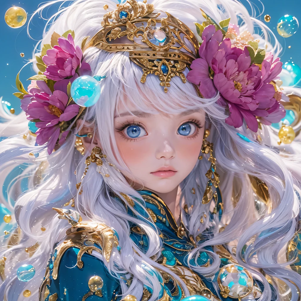 red blue colors，enamel，agate，A flesh-colored world，Blood Blue Maiden 32k（masterpiece，HD，Aoyama Pond，超HD，32k）long flowing bright blue hair，blood pool，Ziddink， a color，grumpy （After greeting）， （Linen scarf）， fighting stance， looking at the ground， long white hair， Floating bright blue， Fire cloud gold headdress， Chinese long-sleeved gold silk burgundy garment， （Abstract metaverse splash：1.2）， White background，Peony flower vitality protector（realistically：1.4），bright purple hair，Smoke on the road，The background is very pure， high resolution， detail， RAW photos， Sharp Re， Nikon D850 film photo by Jefferies Lee 4 Kodak Portra 400 camera F1.6 guns, colorful, Ultra-realistic and vivid textures, dramatic lighting, Unreal Engine Art Station Trend, Sinest 800，一个有着long flowing bright blue hair的女孩，huge colorful bubbles