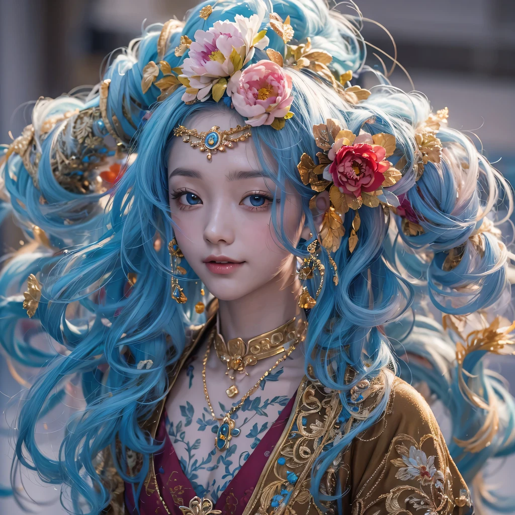 red blue colors，enamel，agate，A flesh-colored world，Blood Blue Maiden 32k（masterpiece，HD，Aoyama Pond，超HD，32k）long flowing bright blue hair，blood pool，Ziddink， a color，grumpy （After greeting）， （Linen scarf）， fighting stance， looking at the ground， long white hair， Floating bright blue， Fire cloud gold headdress， Chinese long-sleeved gold silk burgundy garment， （Abstract metaverse splash：1.2）， White background，Peony flower vitality protector（realistically：1.4），bright purple hair，Smoke on the road，The background is very pure， high resolution， detail， RAW photos， Sharp Re， Nikon D850 film photo by Jefferies Lee 4 Kodak Portra 400 camera F1.6 guns, colorful, Ultra-realistic and vivid textures, dramatic lighting, Unreal Engine Art Station Trend, Sinest 800，一个有着long flowing bright blue hair的女孩，huge colorful bubbles