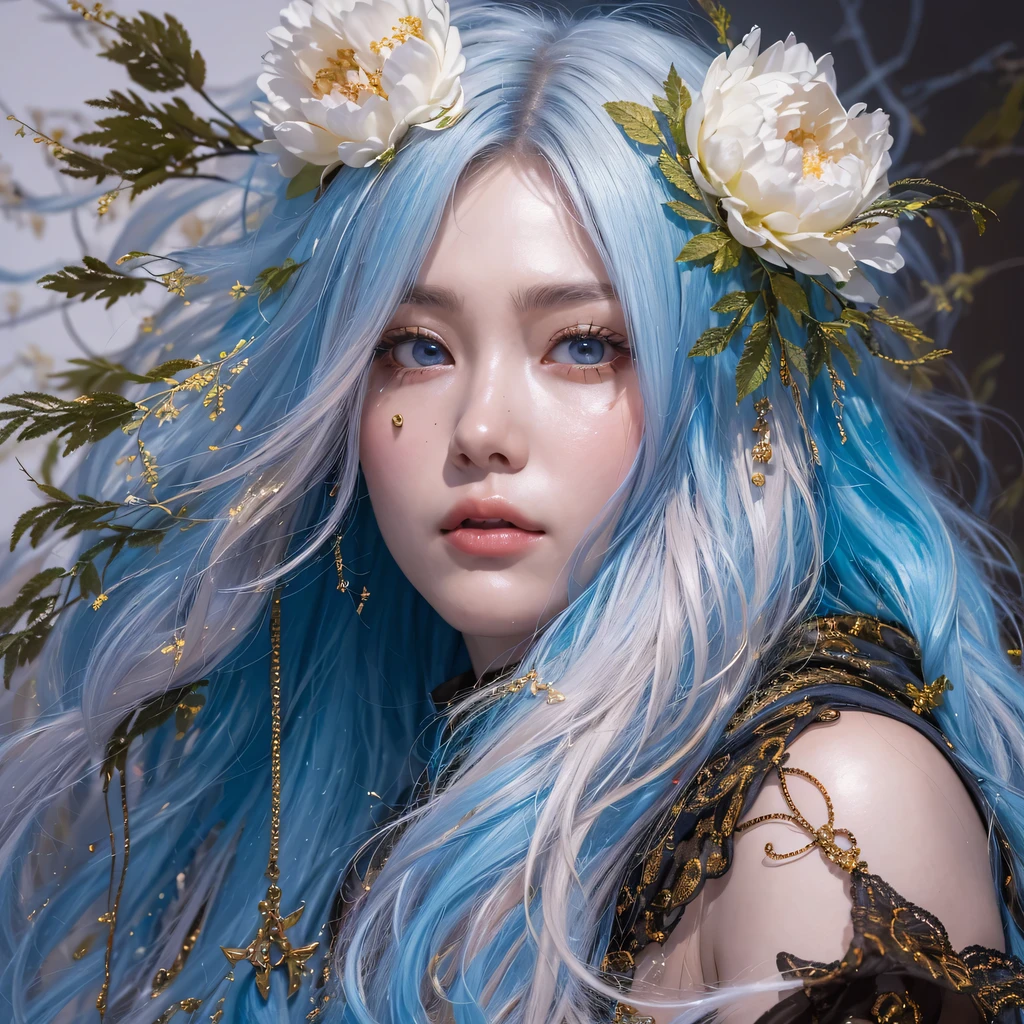 red blue colors，enamel，agate，A flesh-colored world，Blood Blue Maiden 32k（masterpiece，HD，Aoyama Pond，超HD，32k）long flowing bright blue hair，blood pool，Ziddink， a color，grumpy （After greeting）， （Linen scarf）， fighting stance， looking at the ground， long white hair， Floating bright blue， Fire cloud gold headdress， Chinese long-sleeved gold silk burgundy garment， （Abstract metaverse splash：1.2）， White background，Peony flower vitality protector（realistically：1.4），bright purple hair，Smoke on the road，The background is very pure， high resolution， detail， RAW photos， Sharp Re， Nikon D850 film photo by Jefferies Lee 4 Kodak Portra 400 camera F1.6 guns, colorful, Ultra-realistic and vivid textures, dramatic lighting, Unreal Engine Art Station Trend, Sinest 800，一个有着long flowing bright blue hair的女孩，huge colorful bubbles
