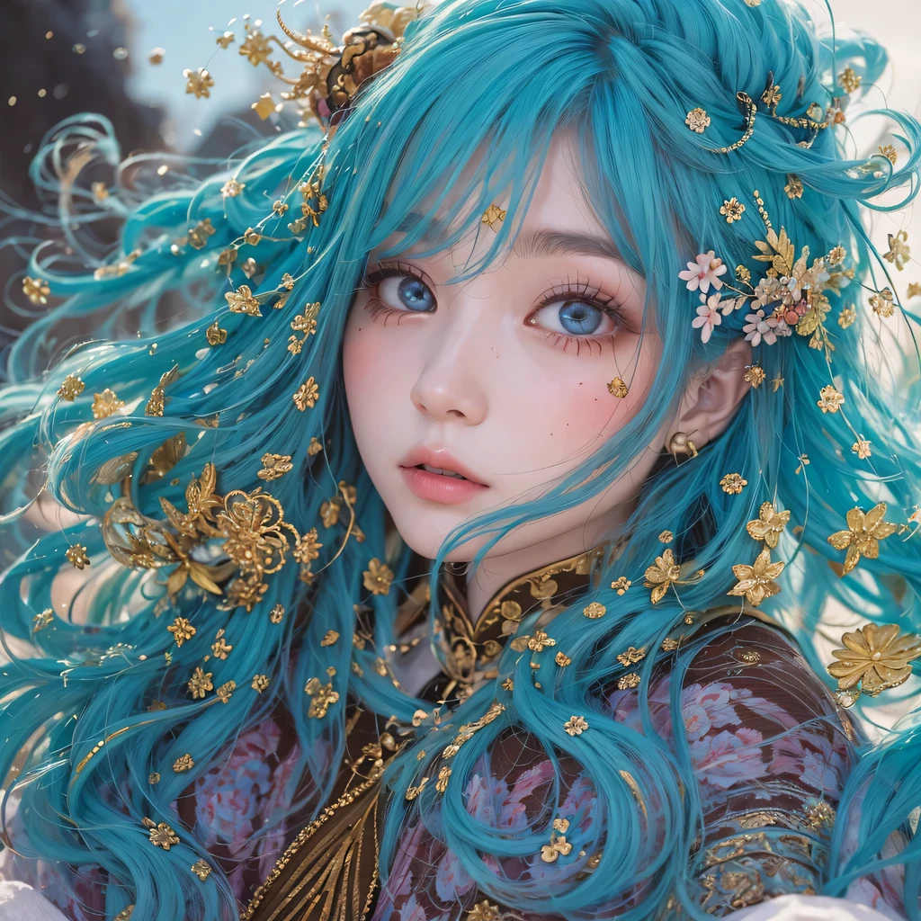Purple blue colors,enamel,agate,A flesh-colored world,Blood Blue Maiden 32k(masterpiece,HD,Aoyama Pond,超HD,32k)long flowing bright blue hair,blood pool,Ziddink, a color,grumpy (After greeting), (Linen scarf), fighting stance, looking at the ground, long white hair, Floating bright blue, Fire cloud gold headdress, Chinese long-sleeved gold silk burgundy garment, (Abstract metaverse splash:1.2), White background,Peony flower vitality protector(realistically:1.4),bright purple hair,Smoke on the road,The background is very pure, high resolution, detail, RAW photos, Sharp Re, Nikon D850 film photo by Jefferies Lee 4 Kodak Portra 400 camera F1.6 guns, colorful, Ultra-realistic and vivid textures, dramatic lighting, Unreal Engine Art Station Trend, Sinest 800,一个有着long flowing bright blue hair的女孩,huge colorful bubbles