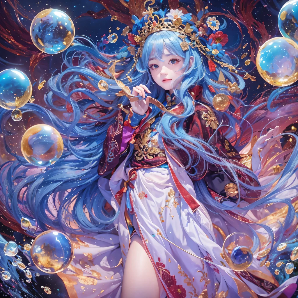 Purple blue colors,enamel,agate,A flesh-colored world,Blood Blue Maiden 32k(masterpiece,HD,Aoyama Pond,超HD,32k)long flowing bright blue hair,blood pool,Ziddink, a color,grumpy (After greeting), (Linen scarf), fighting stance, looking at the ground, long white hair, Floating bright blue, Fire cloud gold headdress, Chinese long-sleeved gold silk burgundy garment, (Abstract metaverse splash:1.2), White background,Peony flower vitality protector(realistically:1.4),bright purple hair,Smoke on the road,The background is very pure, high resolution, detail, RAW photos, Sharp Re, Nikon D850 film photo by Jefferies Lee 4 Kodak Portra 400 camera F1.6 guns, colorful, Ultra-realistic and vivid textures, dramatic lighting, Unreal Engine Art Station Trend, Sinest 800,一个有着long flowing bright blue hair的女孩,huge colorful bubbles