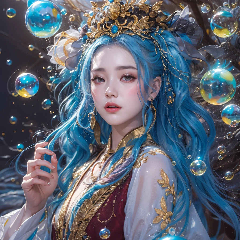 pinkblue colors,enamel,agate,A flesh-colored world,Blood Blue Maiden 32k(masterpiece,HD,Aoyama Pond,超HD,32k)long flowing bright blue hair,blood pool,Ziddink, a color,grumpy (After greeting), (Linen scarf), fighting stance, looking at the ground, long white hair, Floating bright blue, Fire cloud gold headdress, Chinese long-sleeved gold silk burgundy garment, (Abstract metaverse splash:1.2), White background,Peony flower vitality protector(realistically:1.4),bright purple hair,Smoke on the road,The background is very pure, high resolution, detail, RAW photos, Sharp Re, Nikon D850 film photo by Jefferies Lee 4 Kodak Portra 400 camera F1.6 guns, colorful, Ultra-realistic and vivid textures, dramatic lighting, Unreal Engine Art Station Trend, Sinest 800,一个有着long flowing bright blue hair的女孩,huge colorful bubbles