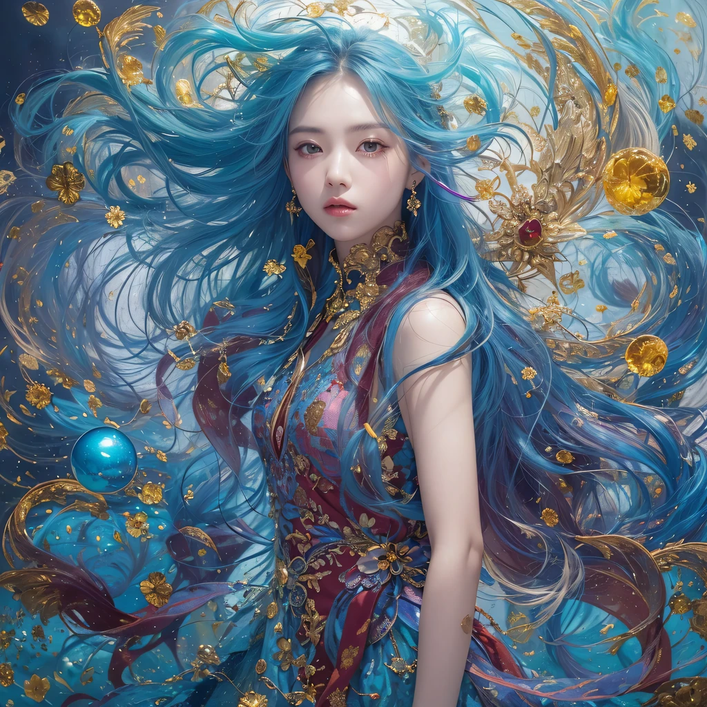pinkblue colors,enamel,agate,A flesh-colored world,Blood Blue Maiden 32k(masterpiece,HD,Aoyama Pond,超HD,32k)long flowing bright blue hair,blood pool,Ziddink, a color,grumpy (After greeting), (Linen scarf), fighting stance, looking at the ground, long white hair, Floating bright blue, Fire cloud gold headdress, Chinese long-sleeved gold silk burgundy garment, (Abstract metaverse splash:1.2), White background,Peony flower vitality protector(realistically:1.4),bright purple hair,Smoke on the road,The background is very pure, high resolution, detail, RAW photos, Sharp Re, Nikon D850 film photo by Jefferies Lee 4 Kodak Portra 400 camera F1.6 guns, colorful, Ultra-realistic and vivid textures, dramatic lighting, Unreal Engine Art Station Trend, Sinest 800,一个有着long flowing bright blue hair的女孩,huge colorful bubbles