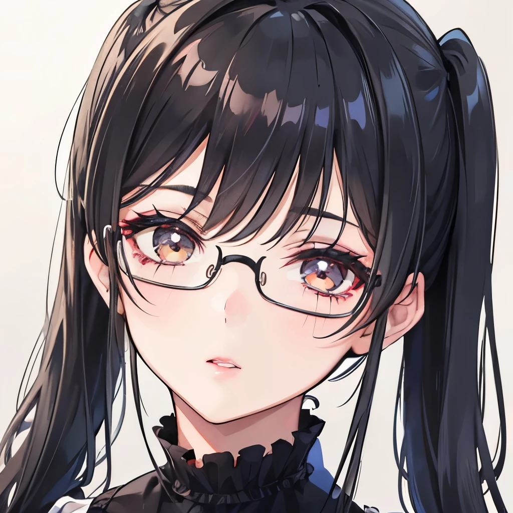 A girl, pretty face, face close up, black hair, hazel eyes, lipstick, glasses, pigtails