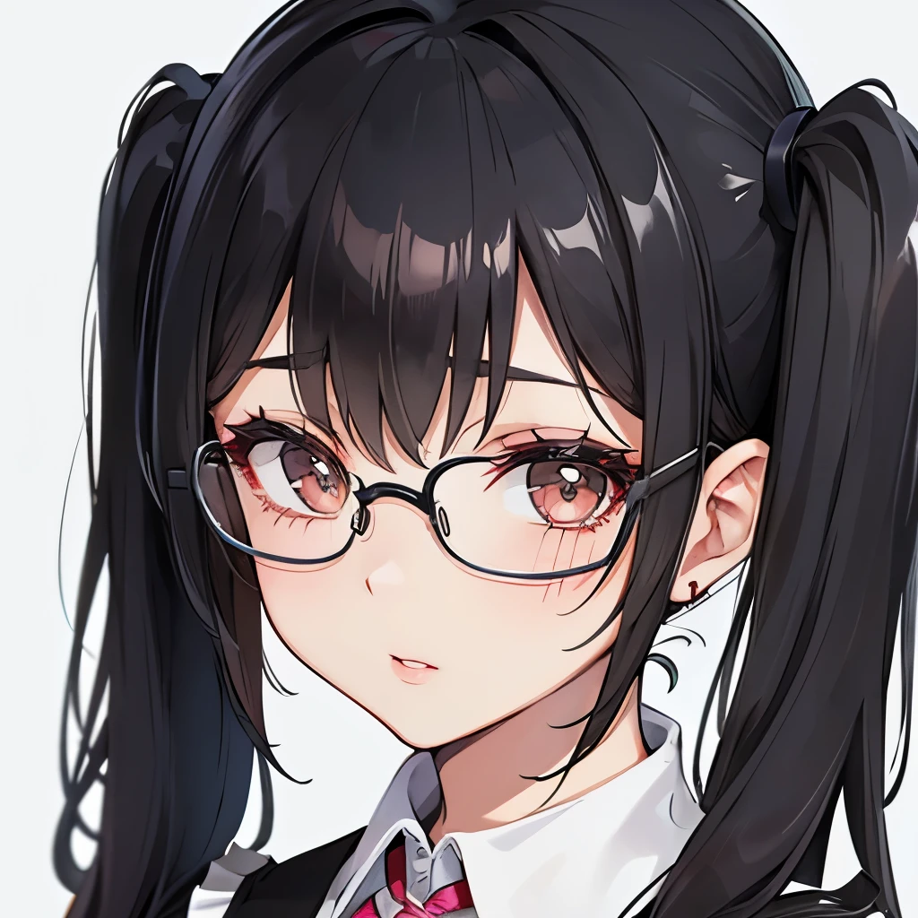 A girl, pretty face, face close up, black hair, hazel eyes, lipstick, glasses, pigtails 