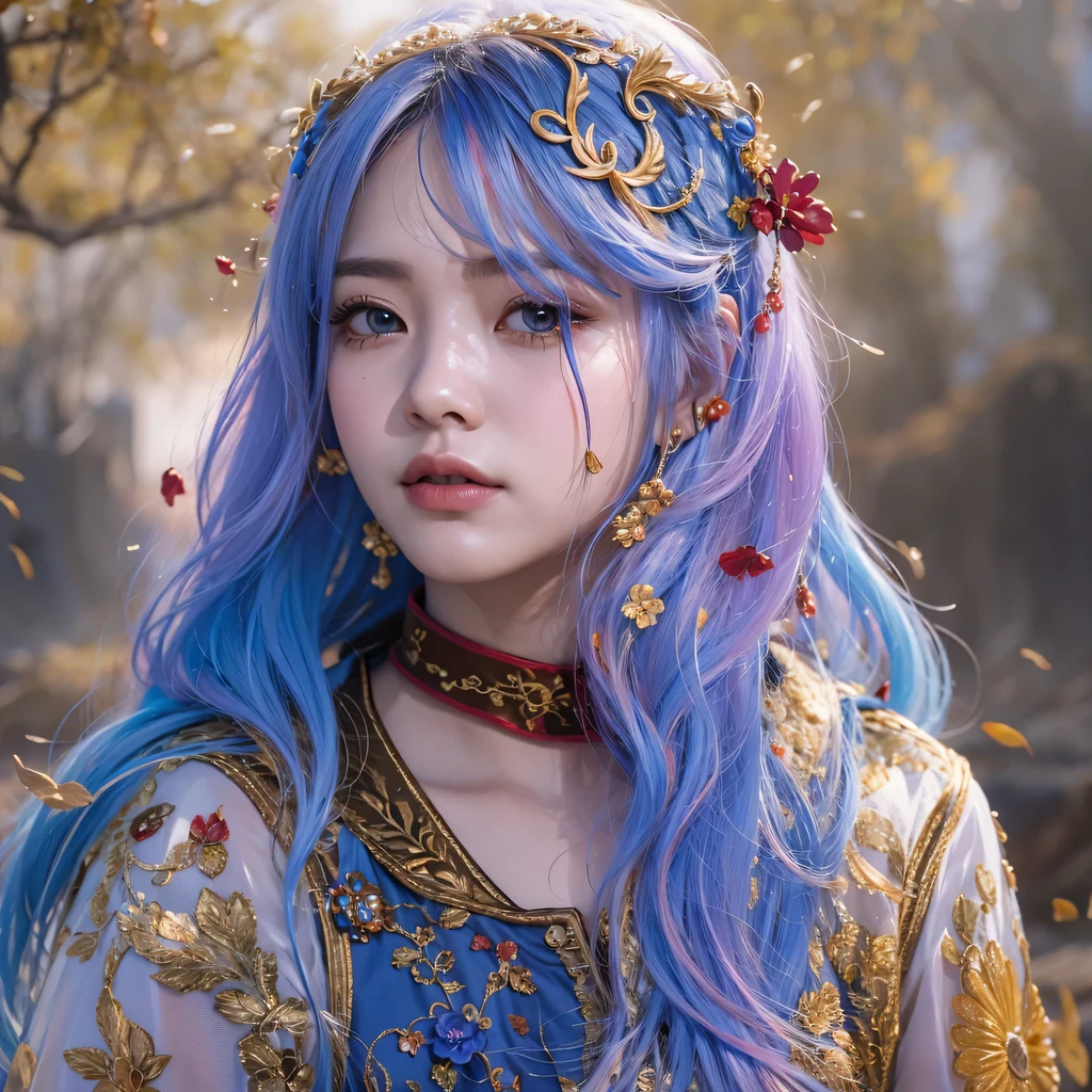 red blue colors，enamel，agate，A flesh-colored world，Blood Blue Maiden 32k（masterpiece，HD，Aoyama Pond，超HD，32k）long flowing bright blue hair，blood pool，Ziddink， a color，grumpy （After greeting）， （Linen scarf）， fighting stance， looking at the ground， long white hair， Floating bright blue， Fire cloud gold headdress， Chinese long-sleeved gold silk burgundy garment， （Abstract metaverse splash：1.2）， White background，Peony flower vitality protector（realistically：1.4），bright purple hair，Smoke on the road，The background is very pure， high resolution， detail， RAW photos， Sharp Re， Nikon D850 film photo by Jefferies Lee 4 Kodak Portra 400 camera F1.6 guns, colorful, Ultra-realistic and vivid textures, dramatic lighting, Unreal Engine Art Station Trend, Sinest 800，一个有着long flowing bright blue hair的女孩，huge colorful bubbles