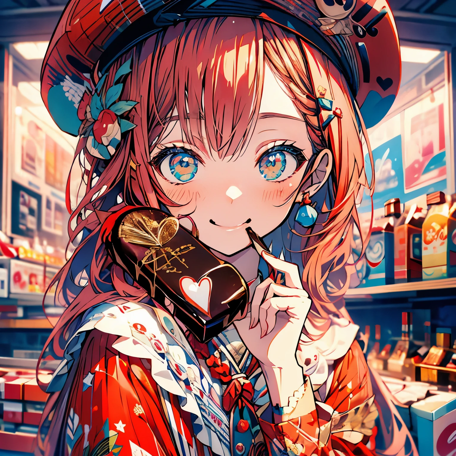 highest quality、masterpiece、anime girl、smile、Upper body、red hair、clothes、beret、Eating chocolate