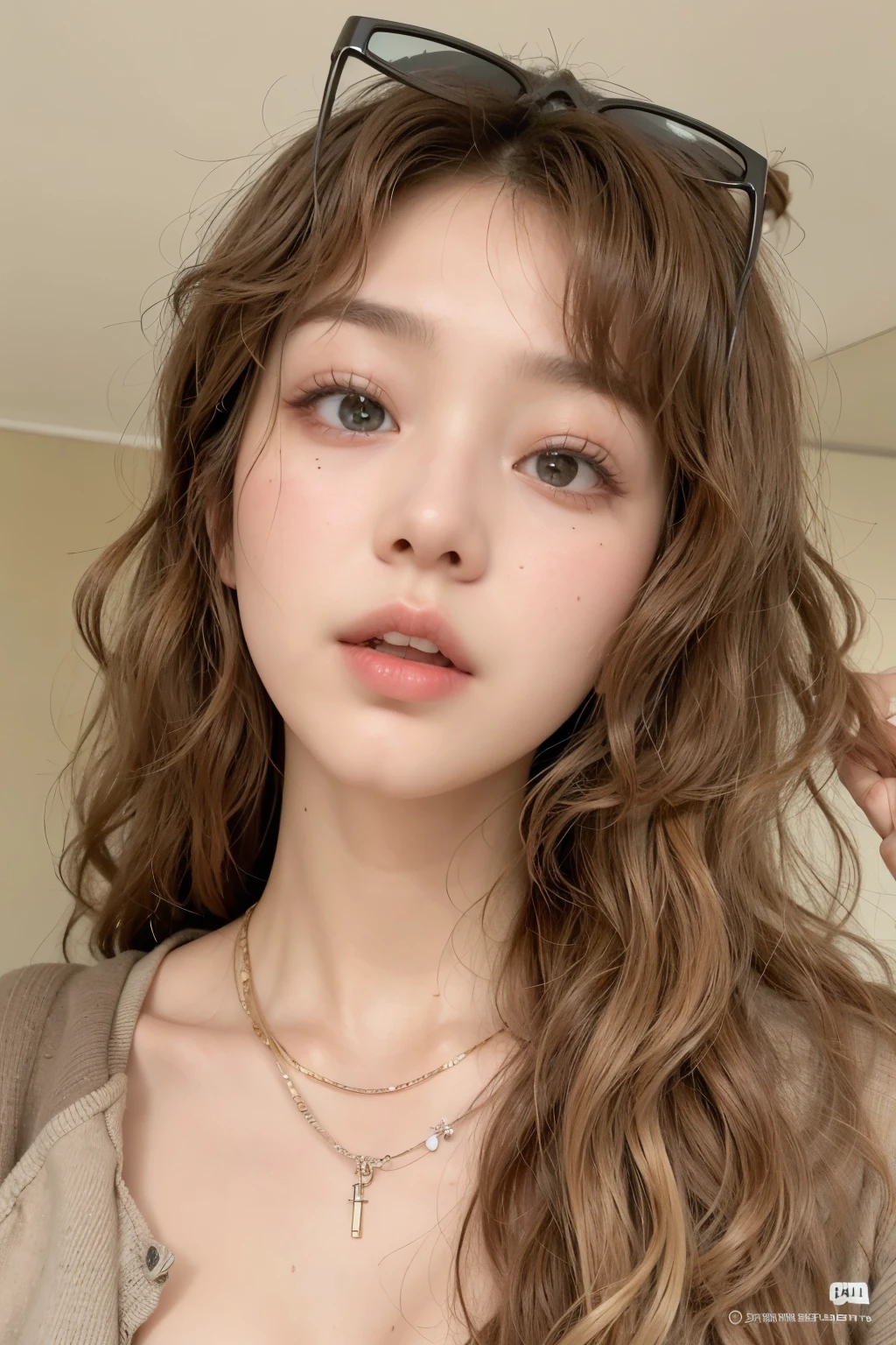 a close up of a woman with sunglasses on her head, ulzzang, popular korean makeup, popular south korean makeup, curly bangs, young adorable korean face, lalisa manobal, sakimichan, jaeyeon nam, girl cute-fine-face, korean girl, soft makeup, yanjun chengt, heonhwa choe, beautiful aesthetic face