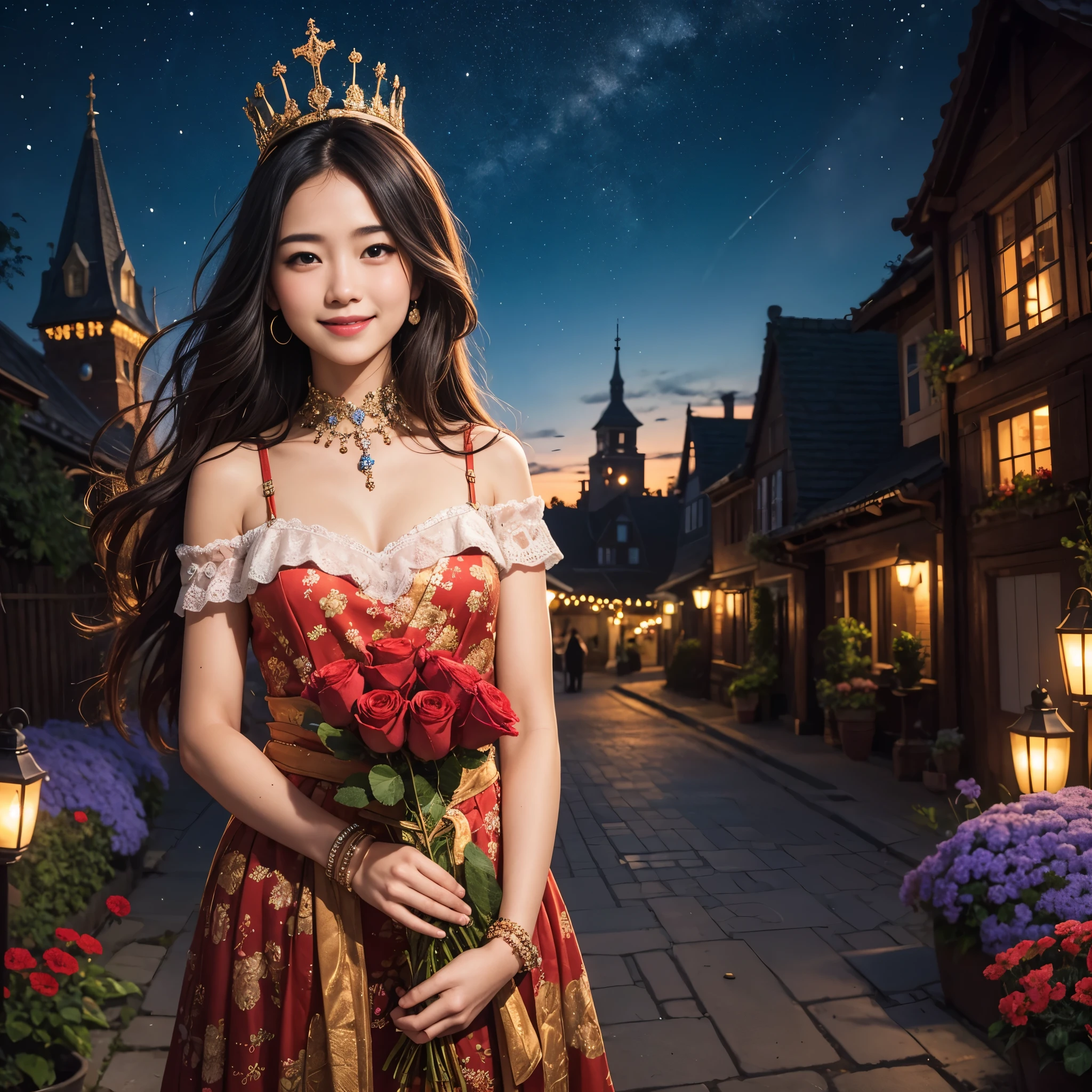 best quality, high_resolution, distinct_image, detailed background ,girl, random wear,flower, night sky,dutch angle, wide shot,shy smile, crown