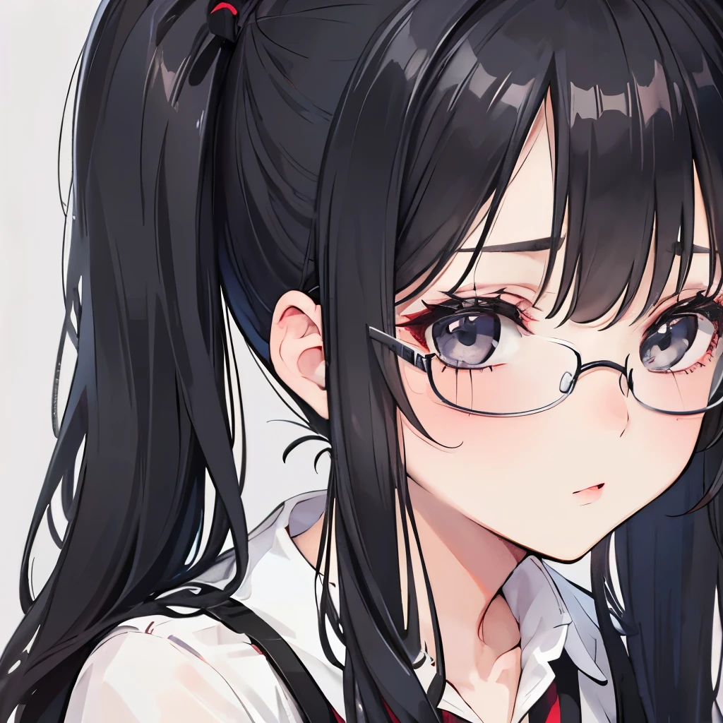 A girl, pretty face, face close up, black hair, black eyes, lipstick, glasses, pigtails, innocent, shy