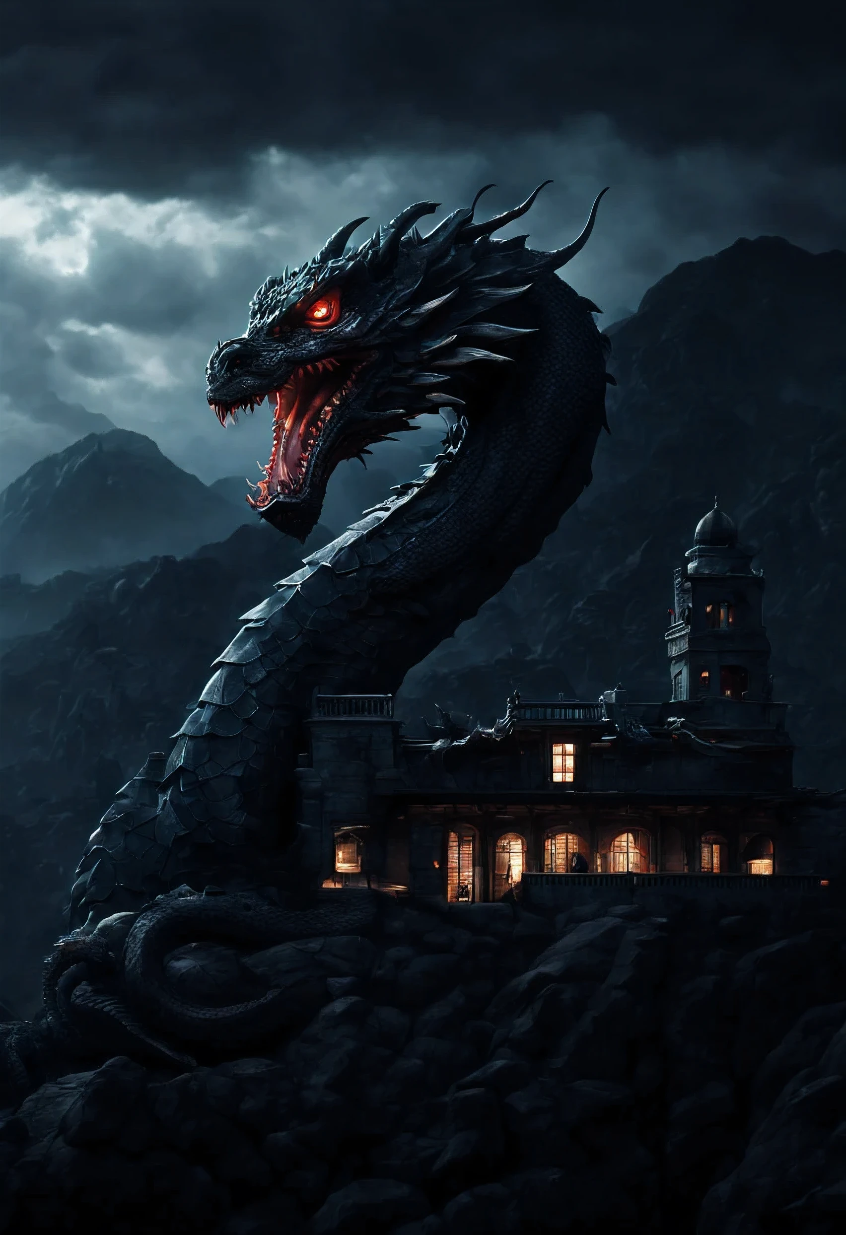(best quality,4k,highres,masterpiece:1.2),ultra-detailed,realistic,hydra building,dragon logo,dark,lonely building surrounded by mountains,sharp focus,professional,physically-based rendering,night scene,vivid colors,detailed textures,moody lighting,atmospheric,high contrast,A building named hydra with a dragon logo alone in the dark surrounded by mountains,extremely detailed architecture,meticulous craftsmanship,ultra-fine painting,ominous atmosphere,artistic composition,majestic scenery,surreal,impressive scale,mysterious ambiance,awe-inspiring,detailed shadows.