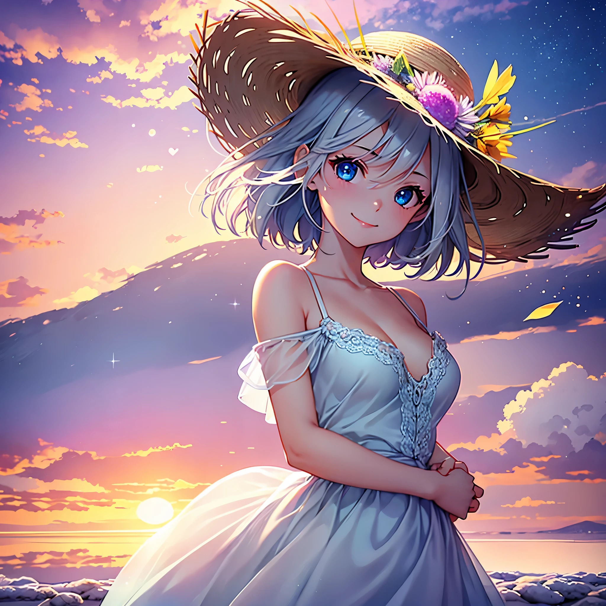 1 girl, masterpiece, very detailed, (beautiful delicate shine), Lens flare, gray hair, short hair, floating hair, think back, Back, smile, blue eyes, white dress, medium breasts, Upper body, wide shot, straw hat, ((Salar de Uyuni)), sunrise, cloud, Backlight, Purple Sky, Yellow Sky, Gradient sky, Hand in hand in hat, heart, light