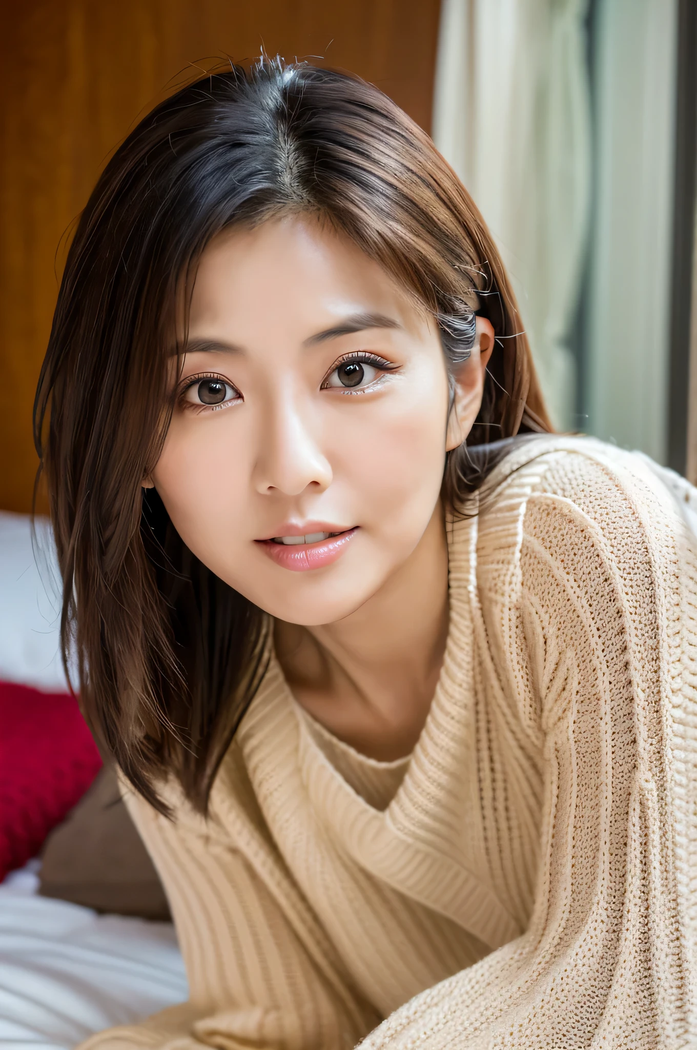 best quality, masterpiece, ultra high res, (photorealistic:1.4), RAW photo, 

from above, upper-body-shot, 

1girl, the most Japanese popular idol, 
((wearing surprisingly loose sweater)), ((leaning forward)), sexy designed bra, downblouse, innocent smile, 

extremely cute face, absolutely beautiful big black eyes, pretty wet lips, amazingly beautiful small breasts, beautiful black hair, exactly beautiful skins, 

detailed face, detailed eyes, detailed lips, detailed breasts, detailed hair, detailed skin