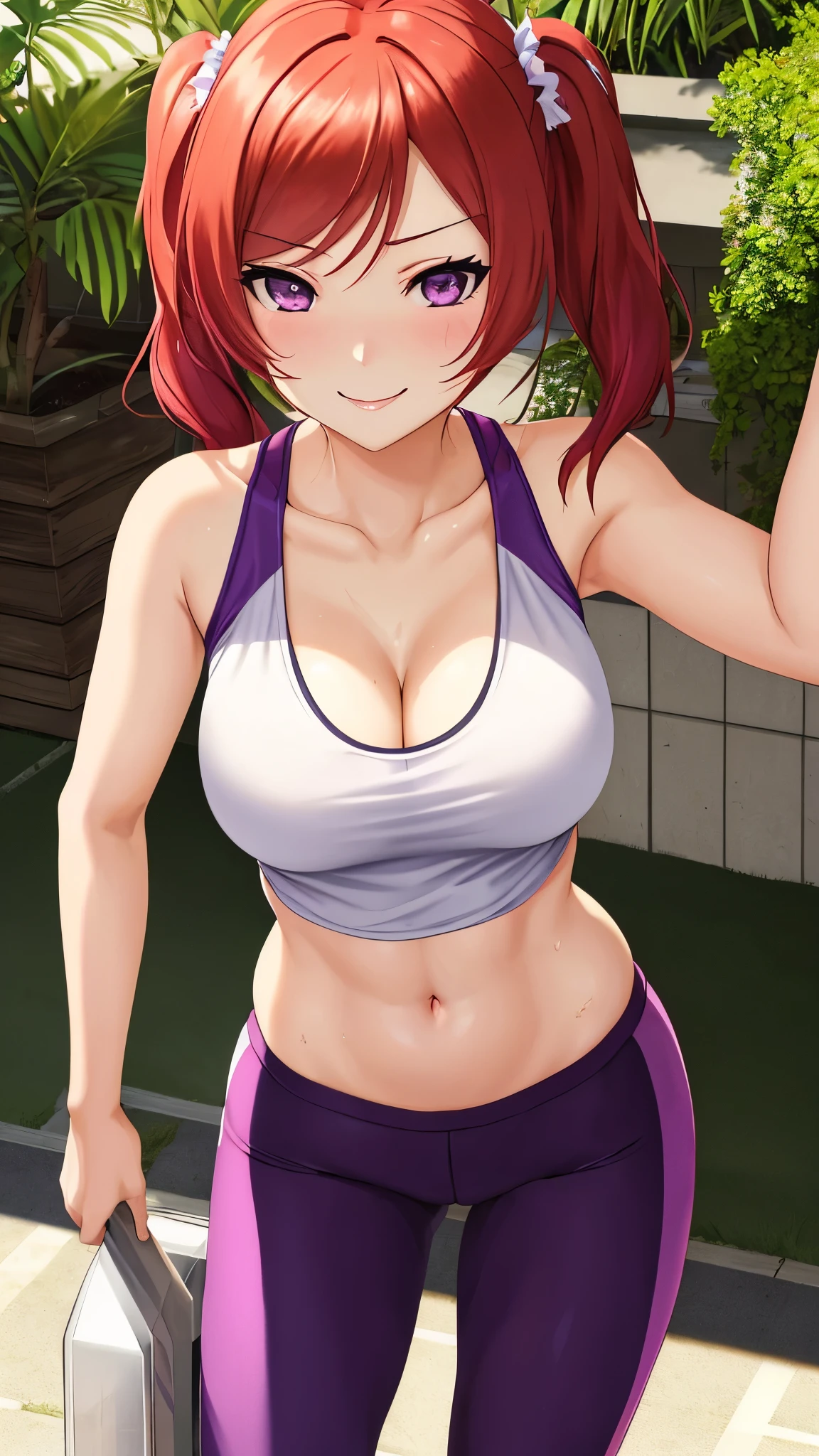 masterpiece, best quality,(NSFW:0.9),Nishikino maki, standing,purple eyes, smile, low twintails,transparent white tank top, gym pants, sweating,Plants,sun, light ray, Closed mouth, after workout ,skin tight, cleavage 