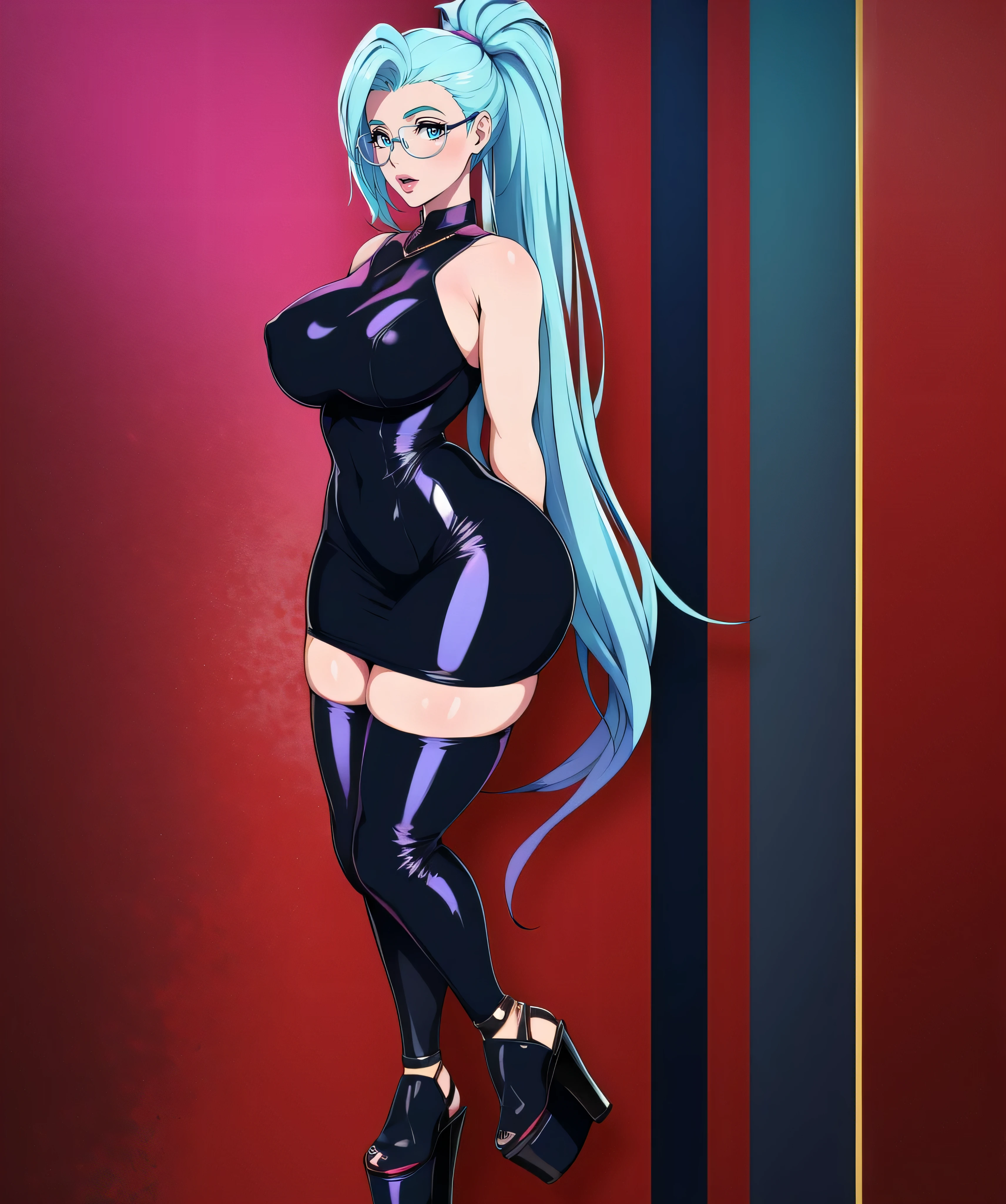 xyzseraphine, 1girl, cute girl with hourglass figure and large breasts, wearing trendy clothing and platform heels, painted lips, blue hair, ponytail, glasses, full body