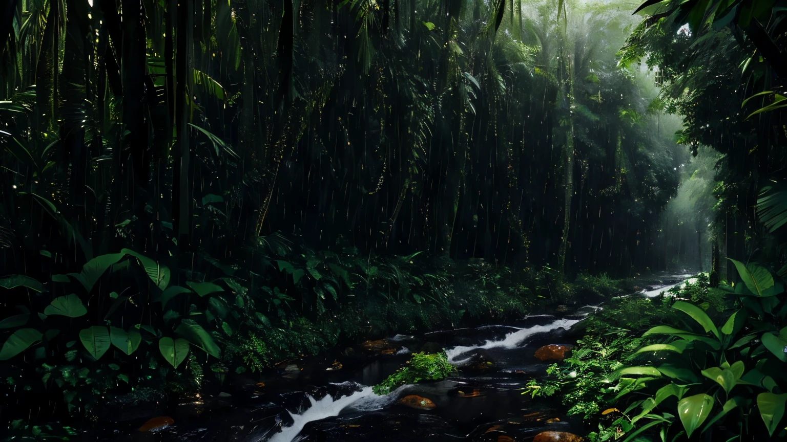 A jungle, with intense rainfall, monochromatic, vines all around, giant and wet trees, masterpiece, best quality, high quality, extremely detailed CG unity 8k wallpaper, oil paiting, award winning photography, Bokeh, Depth of Field, HDR, bloom, Chromatic Aberration ,Photorealistic,extremely detailed, trending on artstation, trending on CGsociety, Intricate, High Detail, dramatic, art by midjourney, volumetric lighting