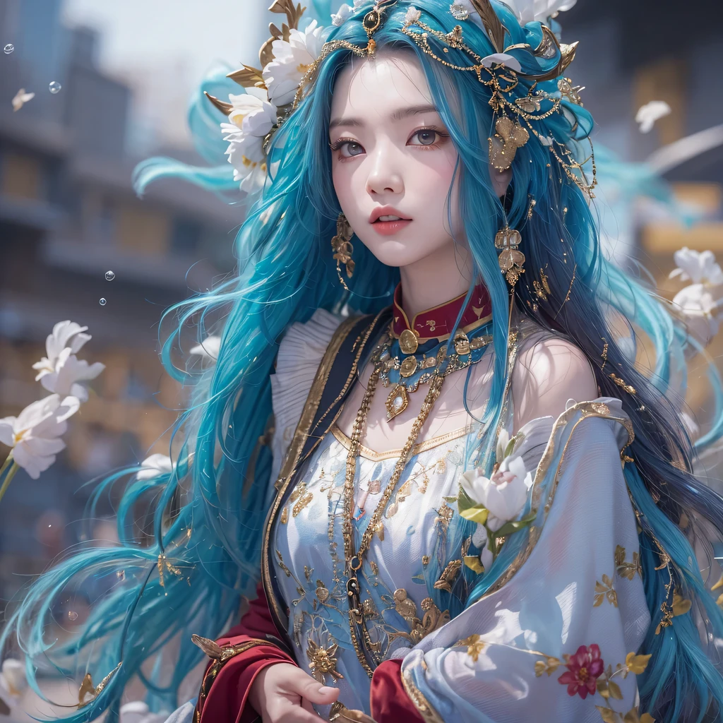 red blue colors,enamel,agate,A flesh-colored world,Blood Blue Maiden 32k(masterpiece,HD,Aoyama Pond,超HD,32k)long flowing bright blue hair,blood pool,Ziddink, a color,grumpy (After greeting), (Linen scarf), fighting stance, looking at the ground, long white hair, Floating bright blue, Fire cloud gold headdress, Chinese long-sleeved gold silk burgundy garment, (Abstract metaverse splash:1.2), White background,Peony flower vitality protector(realistically:1.4),bright purple hair,Smoke on the road,The background is very pure, high resolution, detail, RAW photos, Sharp Re, Nikon D850 film photo by Jefferies Lee 4 Kodak Portra 400 camera F1.6 guns, colorful, Ultra-realistic and vivid textures, dramatic lighting, Unreal Engine Art Station Trend, Sinest 800,一个有着long flowing bright blue hair的女孩,huge colorful bubbles