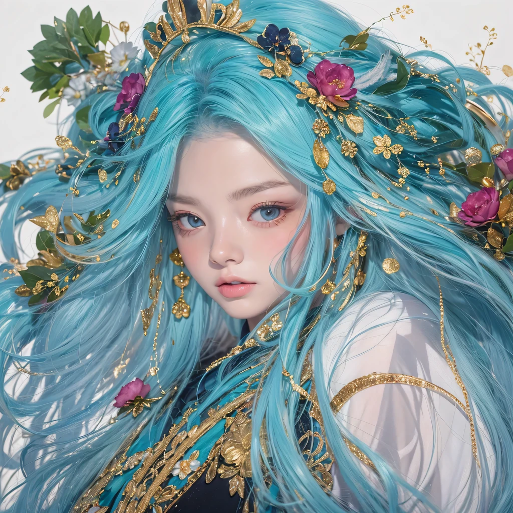 red blue colors,enamel,agate,A flesh-colored world,Blood Blue Maiden 32k(masterpiece,HD,Aoyama Pond,超HD,32k)long flowing bright blue hair,blood pool,Ziddink, a color,grumpy (After greeting), (Linen scarf), fighting stance, looking at the ground, long white hair, Floating bright blue, Fire cloud gold headdress, Chinese long-sleeved gold silk burgundy garment, (Abstract metaverse splash:1.2), White background,Peony flower vitality protector(realistically:1.4),bright purple hair,Smoke on the road,The background is very pure, high resolution, detail, RAW photos, Sharp Re, Nikon D850 film photo by Jefferies Lee 4 Kodak Portra 400 camera F1.6 guns, colorful, Ultra-realistic and vivid textures, dramatic lighting, Unreal Engine Art Station Trend, Sinest 800,一个有着long flowing bright blue hair的女孩,huge colorful bubbles