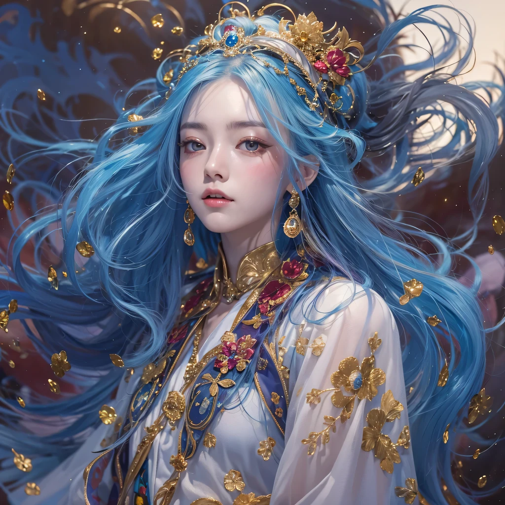 red blue colors,enamel,agate,A flesh-colored world,Blood Blue Maiden 32k(masterpiece,HD,Aoyama Pond,超HD,32k)long flowing bright blue hair,blood pool,Ziddink, a color,grumpy (After greeting), (Linen scarf), fighting stance, looking at the ground, long white hair, Floating bright blue, Fire cloud gold headdress, Chinese long-sleeved gold silk burgundy garment, (Abstract metaverse splash:1.2), White background,Peony flower vitality protector(realistically:1.4),bright purple hair,Smoke on the road,The background is very pure, high resolution, detail, RAW photos, Sharp Re, Nikon D850 film photo by Jefferies Lee 4 Kodak Portra 400 camera F1.6 guns, colorful, Ultra-realistic and vivid textures, dramatic lighting, Unreal Engine Art Station Trend, Sinest 800,一个有着long flowing bright blue hair的女孩,huge colorful bubbles