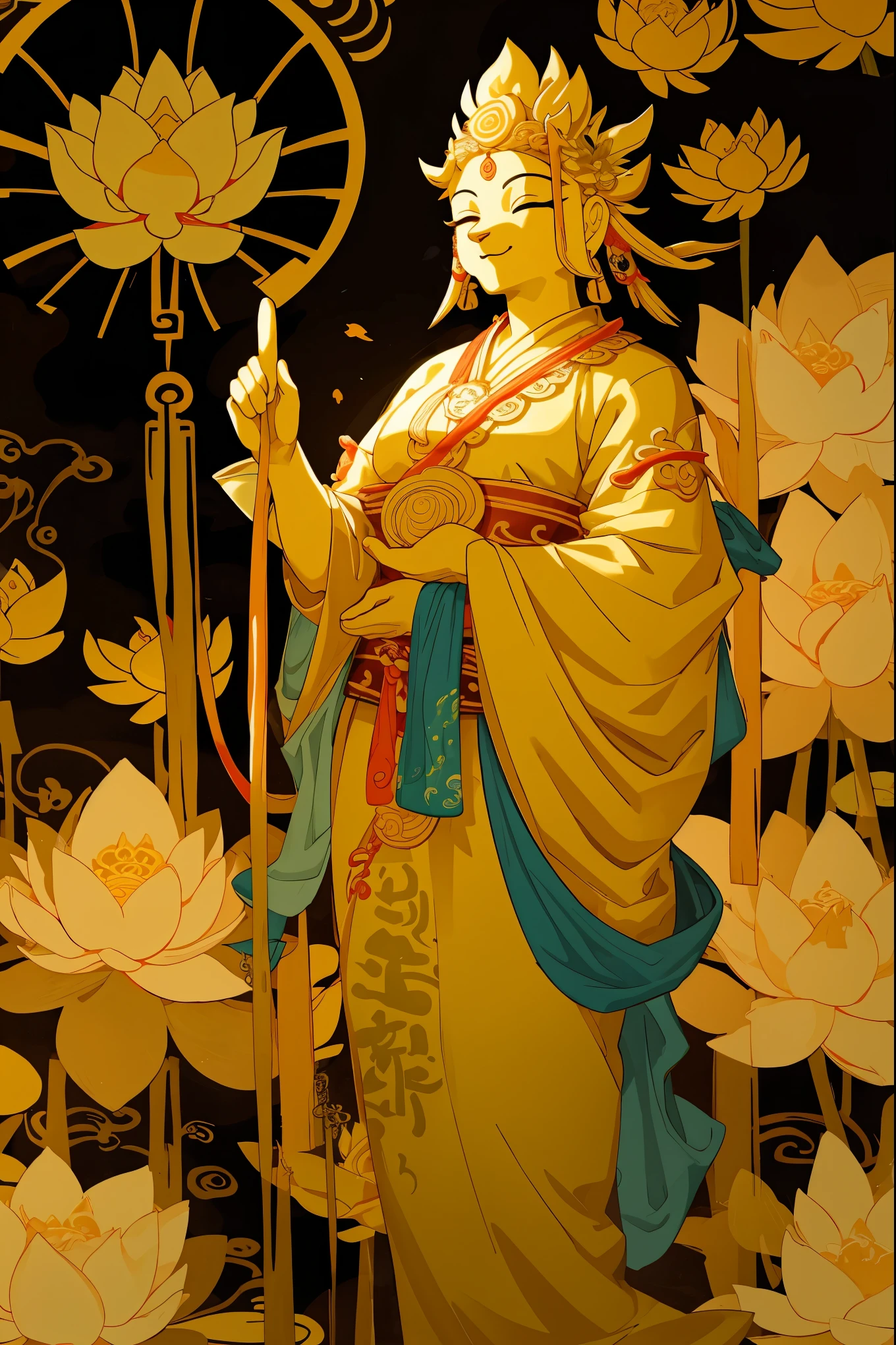 anthro, furry, contented female bodhisattva, guanyin of the southern seas, Serene expression, standing on a lotus, goddess of love and peace, attractive male deity, the non-binary deity of spring, goddess of nature shui mo hua, Buddha, Buddhist, Lotus, Chinese painting style, Thangka style,