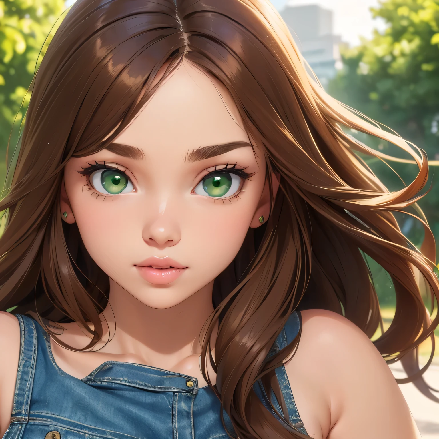 (1girl) ((Masterpiece)) ((High Quality)) ((Perfect Face)) ((Beautiful)) ((Round face)) ((Brown hair)) ((long Hair)) ((Cute Nose)) ((Green Eyes)) ((Light Skin)) ((Camisole)) ((Tight jeans)) ((Full lips))