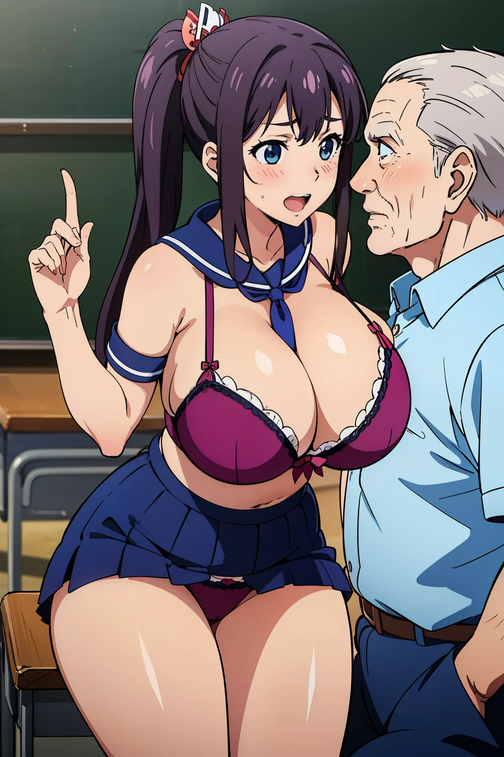 (1girl, 1old man), ((Woman sits on old man's face:1.4)), (old man's head between woman's thighs:1.4), (facesitting:1.4), (old man lying on his back:1.4), Anime cel drawing style, Best Quality, High resolution, White sailor suit, Short sleeves, red neckerchief, Blue skirt, bra, Highleg Panties Thong,blue eyess, Purple hair, Bangs, Side Ponytail, Hair Ornament, embarrassed, fear, blush, looking at viewer, Full body, cowboy shot:1.6, classroom, gigantic breasts:1.8, Cunnilingus