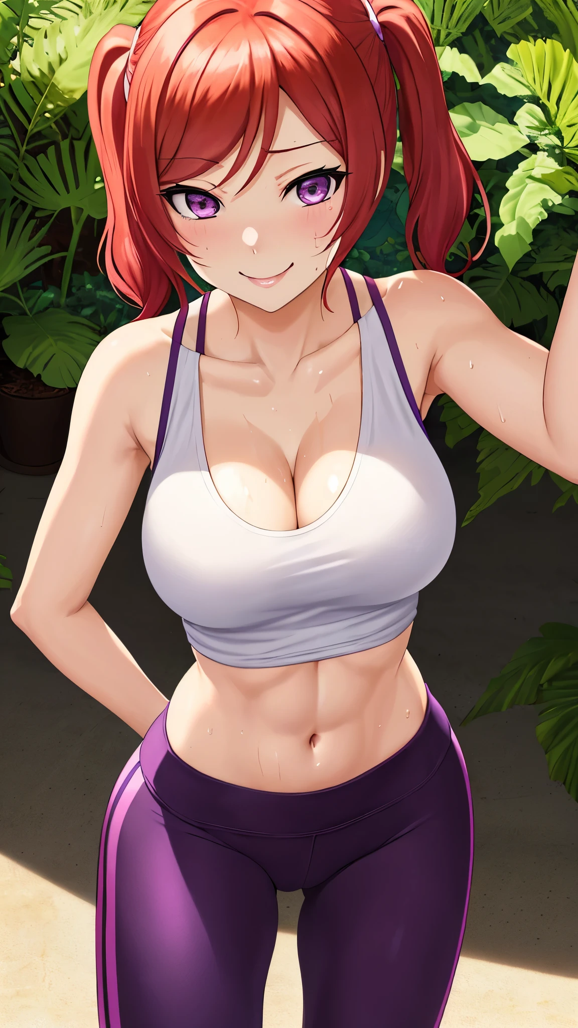 masterpiece, best quality,(NSFW:0.9),Nishikino maki, standing,purple eyes, smile, low twintails,transparent white tank top, yoga pants, (sweating:1.15),Plants,sun, light ray, Closed mouth, after workout ,skin tight, cleavage ,(abs:0.85)