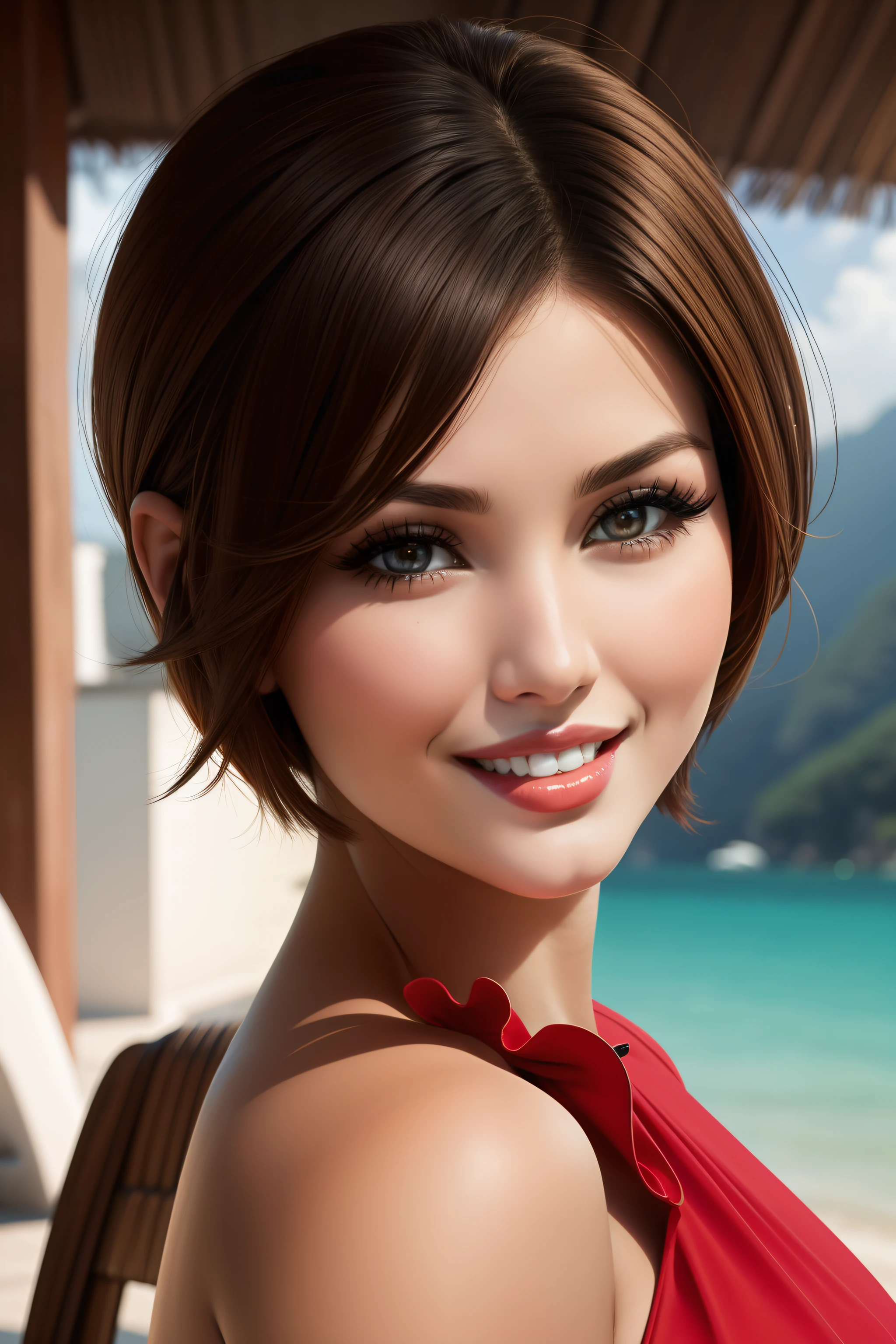 lucy pinder, face portrait, short hair, thailand woman, smiling, red lipstick