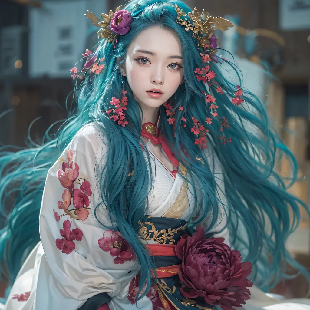 red blue colors，enamel，agate，A flesh-colored world，Blood Blue Maiden 32k（masterpiece，HD，Aoyama Pond，超HD，32k）long flowing bright blue hair，blood pool，Ziddink， a color，grumpy （After greeting）， （Linen scarf）， fighting stance， looking at the ground， long white hair， Floating bright blue， Fire cloud gold headdress， Chinese long-sleeved gold silk burgundy garment， （Abstract metaverse splash：1.2）， White background，Peony flower vitality protector（realistically：1.4），bright purple hair，Smoke on the road，The background is very pure， high resolution， detail， RAW photos， Sharp Re， Nikon D850 film photo by Jefferies Lee 4 Kodak Portra 400 camera F1.6 guns, colorful, Ultra-realistic and vivid textures, dramatic lighting, Unreal Engine Art Station Trend, Sinest 800，一个有着long flowing bright blue hair的女孩，huge colorful bubbles