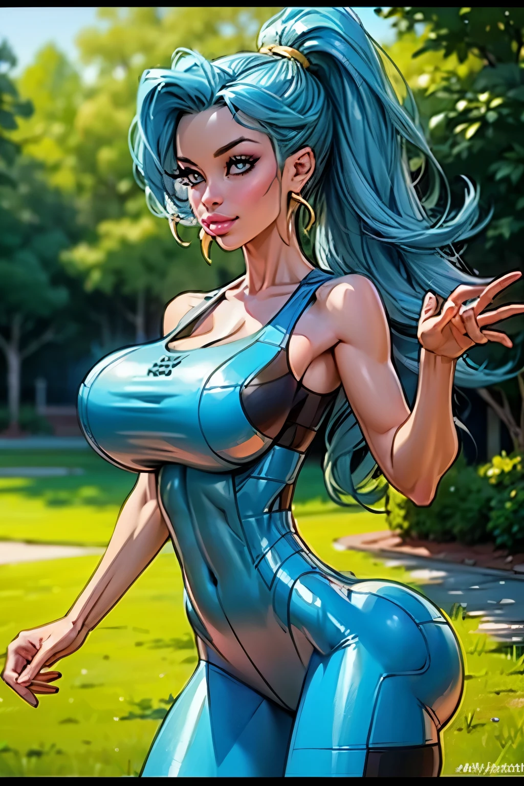 (best quality,4k,8k,highres,masterpiece:1.2),ultra-detailed,(realistic,photorealistic,photo-realistic:1.37),HDR,UHD,studio lighting,ultra-fine painting,sharp focus,physically-based rendering,extreme detail description,professional,vivid colors,bokeh,portraits,soft colors,(blue hair), (claire), pokemon gym leaDER, warm lighting,glowing skin,delicate features,expressive eyes,sensual lips,flawless complexion,subtle makeup,feminine posture,(BLUE BODYSUIT), (GIGANTIC BREASTS), PUFFY LIPS), ethereal atmosphere,dreamy summer vibes,golden hour lighting,flowing dress,gentle breeze,warm sunlight,playful smile,graceful movement,seamless integration between subject and background,subtle texture,filmic aesthetic,romantic mood,elaborate hairstyles,graceful gestures,curve-hugging outfit,vibrant color palette,soft focus,romantic ambiance,lush greenery,stone architecture,beautifully adorned columns,timeless setting.