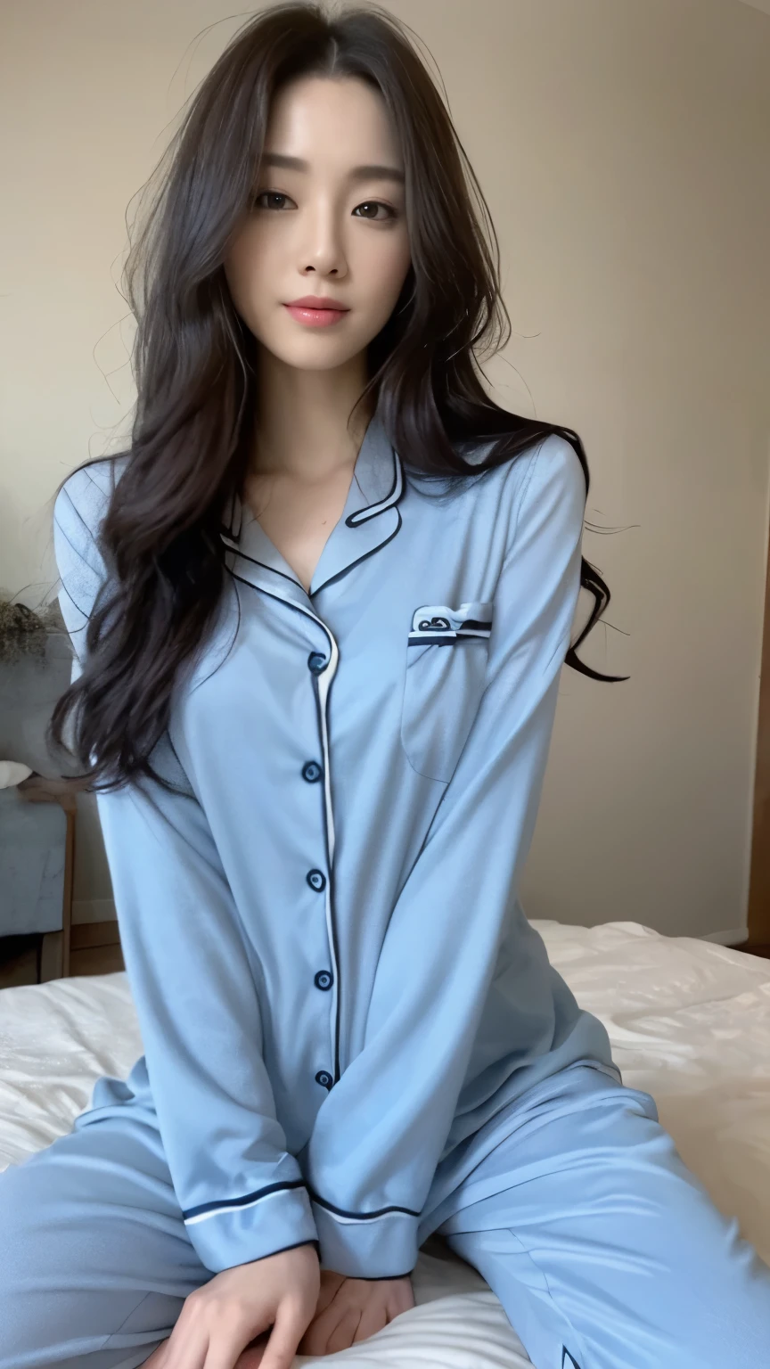 ((top-quality、8k、masterpiece:1.3))、Beautiful woman with perfect body:1.4、slim abdomen:1.2、Longhair, normal breast, Highly detailed facial and skin texture, A detailed eye, delicate eyes, double eyelid, (smile), (full body shot), ((bedroom)), (sitting on bed), (((wearing blue pyjamas))), looking in front