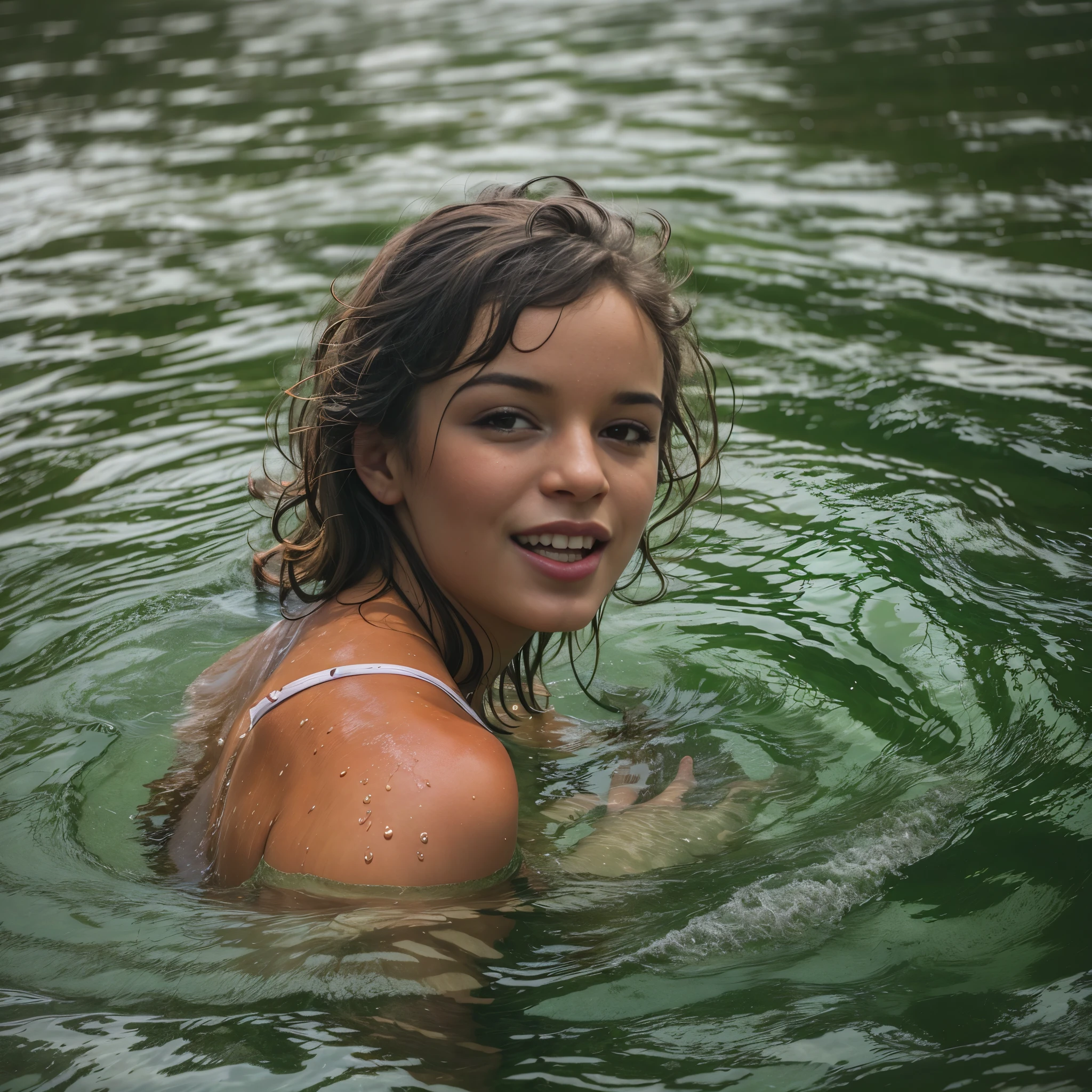 Woman swimming in the river, flirting with the camera